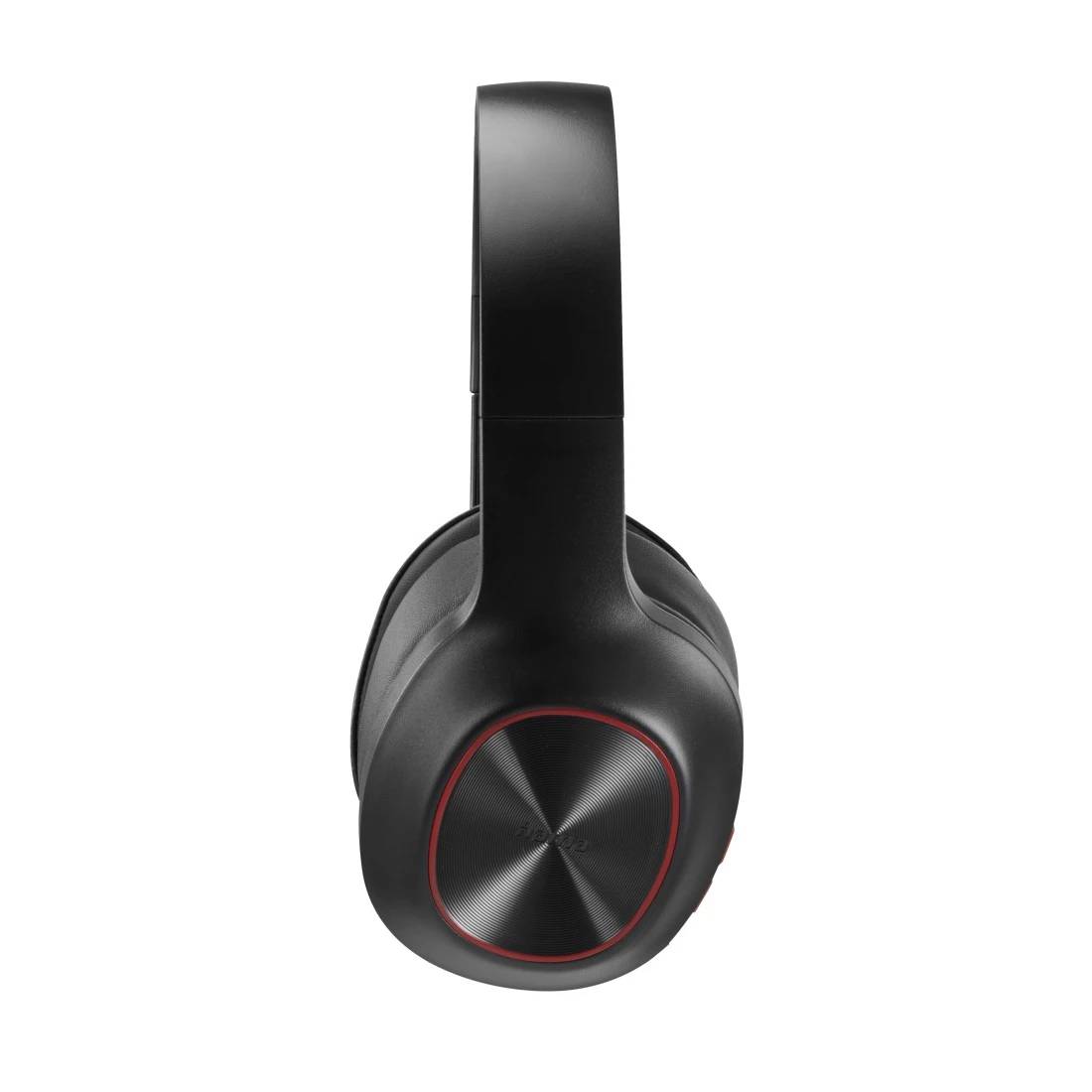 Schwarze Over-Ear-Kopfhörer mit rot geränderten Ohrmuscheln, in Vorderansicht auf weißem Hintergrund dargestellt.