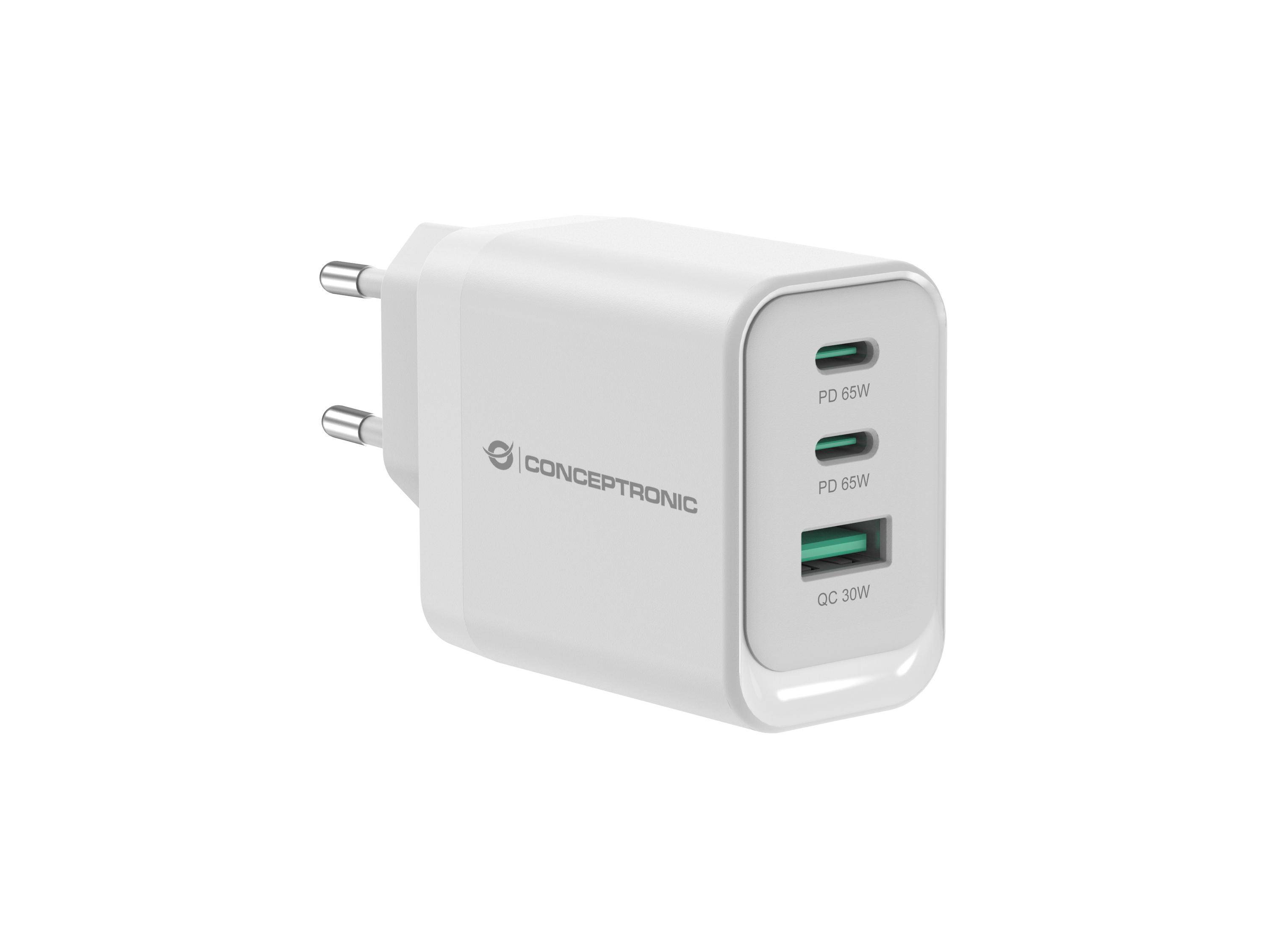 CONCEPTRONIC Ladegerät 3Port GaN 2xUSB-C/1xA 65WPD3.0/PPS ws Multimedia-Technik