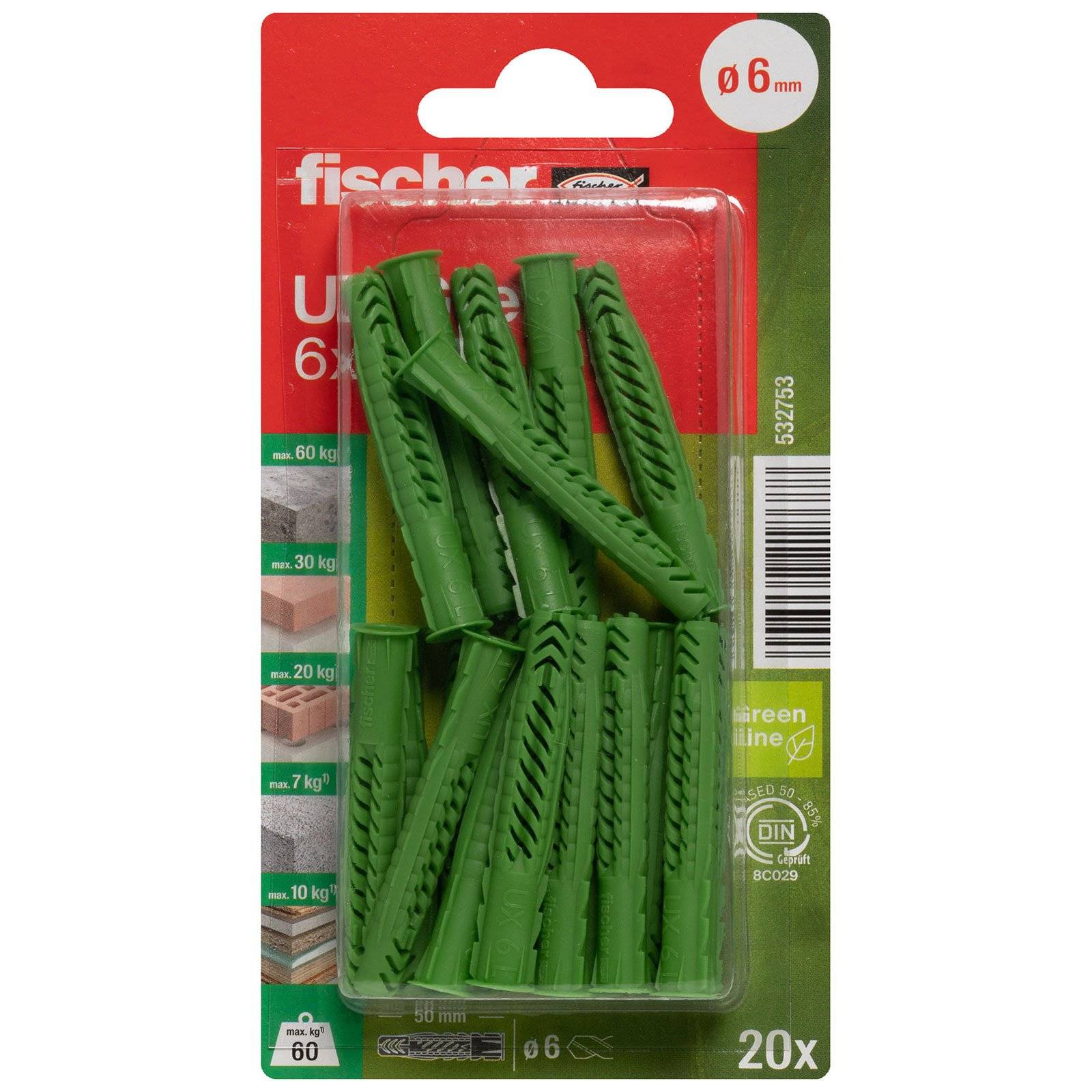 fischer Universaldübel UX Green 6 x 50 mit Rand