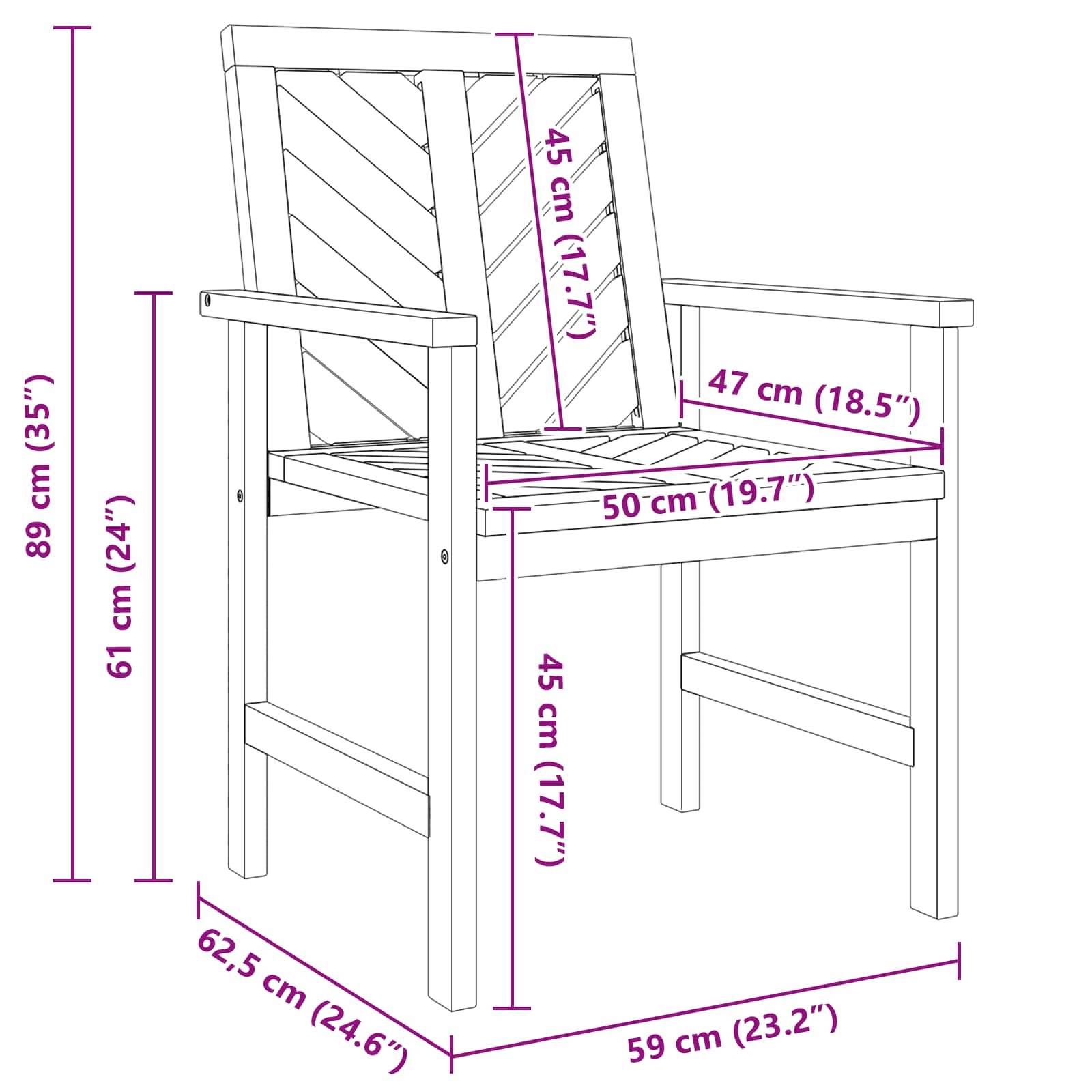 Diagramm eines Stuhls mit Maßen: Höhe 89 cm, Sitzhöhe 45 cm, Sitzbreite 50 cm, Tiefe 59 cm. Armlehnen und Rückenlehne gekennzeichnet.