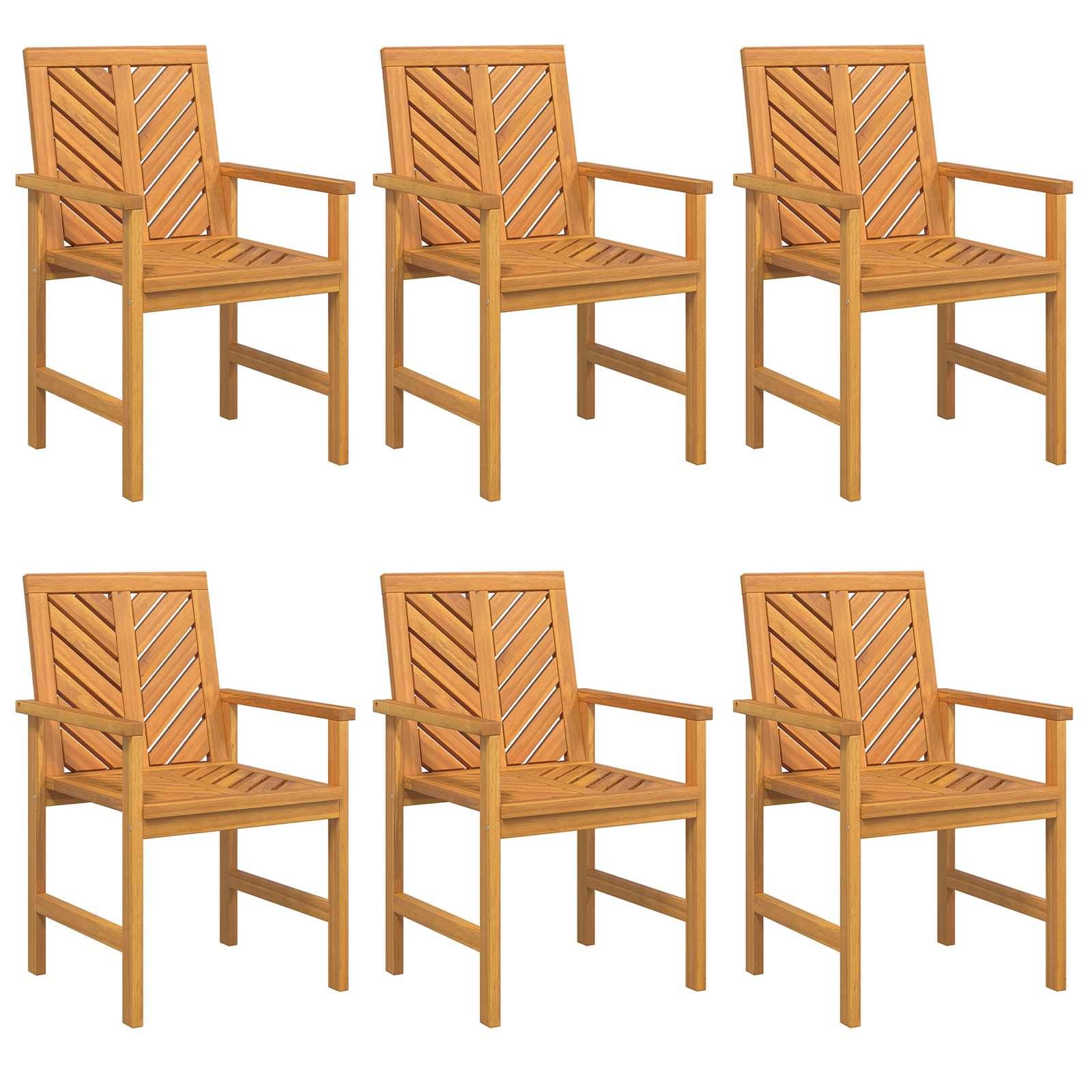 Sechs Holzstühle mit Armlehnen, in zwei Reihen angeordnet. Jeder Stuhl verfügt über einen Lamellenrücken und eine Sitzfläche, mit einer natürlichen Holzoberfläche.
