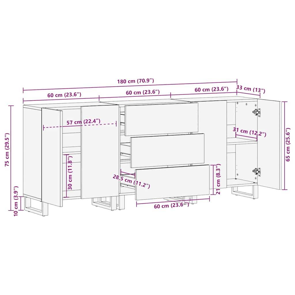 vidaXL Sideboard 3 pcs Braun 60 x 33 x 75 cm massives Mangoholz