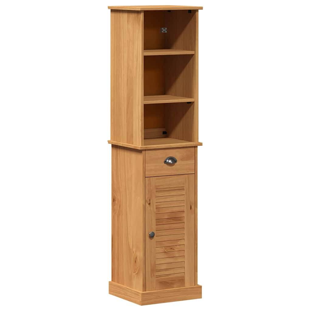Ein hoher Holzschrank mit zwei offenen Regalen und einem geschlossenen Fach am unteren Ende, ausgestattet mit einem Knaufgriff.