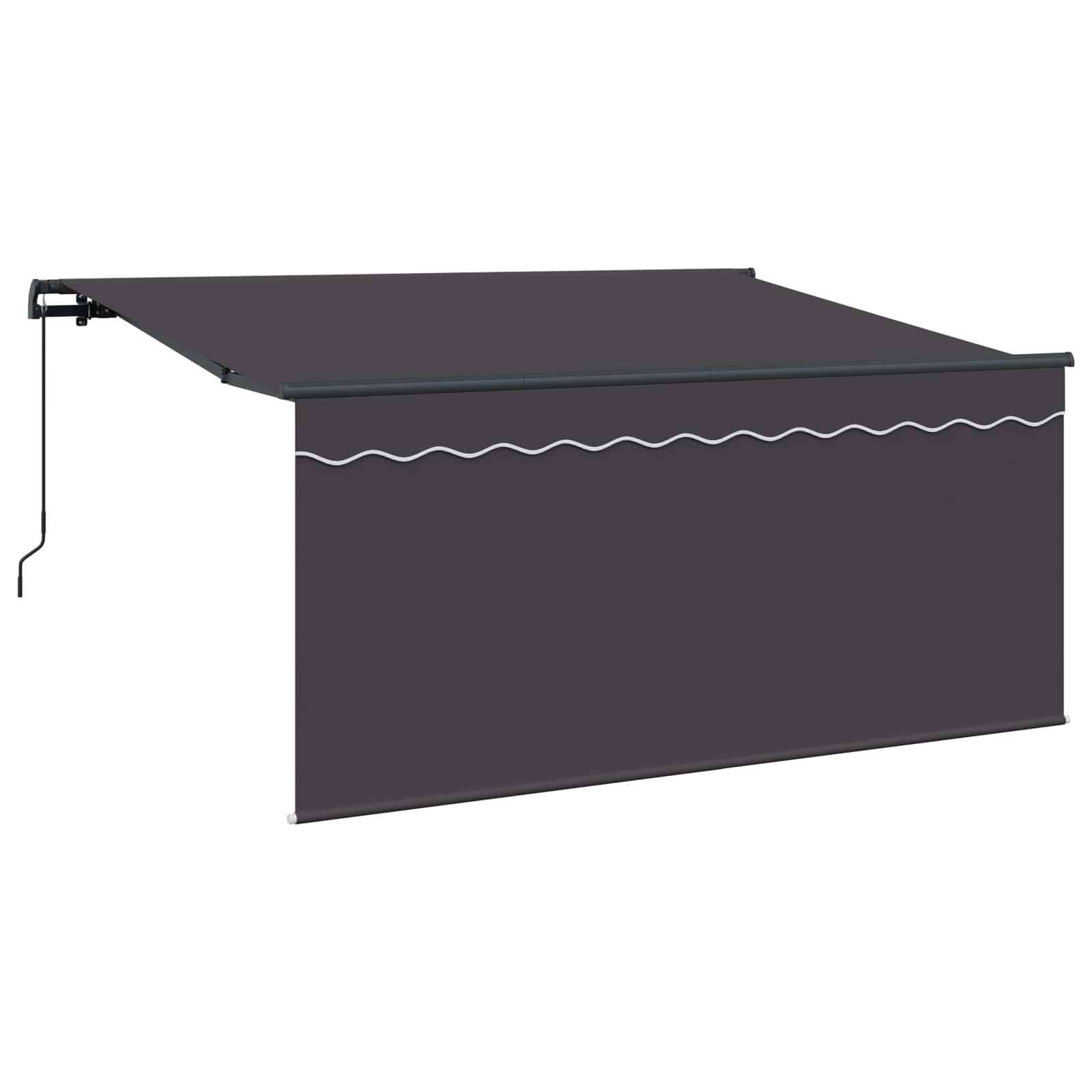 Eine einziehbare Terrassenmarkise mit einem dunklen Stoff und einem wellenförmigen weißen Liniendesign entlang der Kante, die sich nach außen erstreckt, um Sonnenschutz zu bieten.