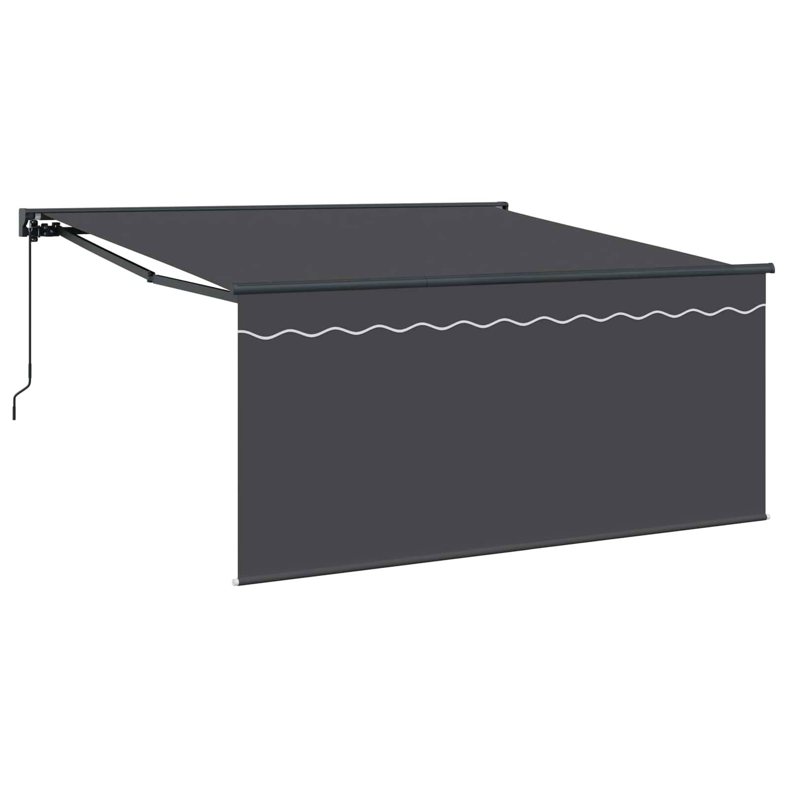 Eine dunkelgraue ausfahrbare Markise mit gewelltem Randdesign ist ausgefahren. Sie wird von einem Metallarm gestützt und verfügt über eine Handkurbel zur Verstellung.