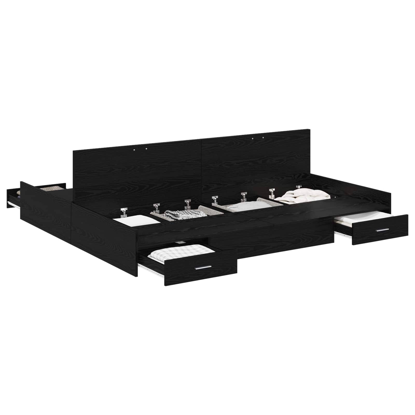 Ein schwarzer Bettrahmen mit mehreren Aufbewahrungsschubladen an den Seiten und am Ende, ausgestattet mit weißer Bettwäsche und einem minimalistischen, modernen Design.