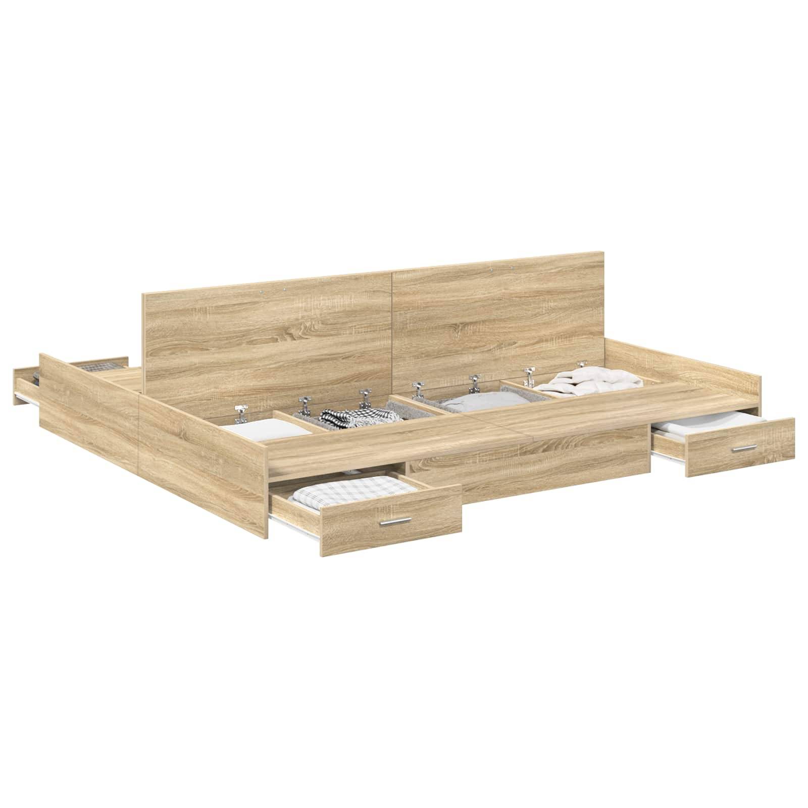 Ein Holzplattformbett mit einer hellen Eichenoberfläche, das mehrere Aufbewahrungsschubladen darunter aufweist. Der Kopfteil und die Bettwäsche sind in minimalistischem Stil gehalten.