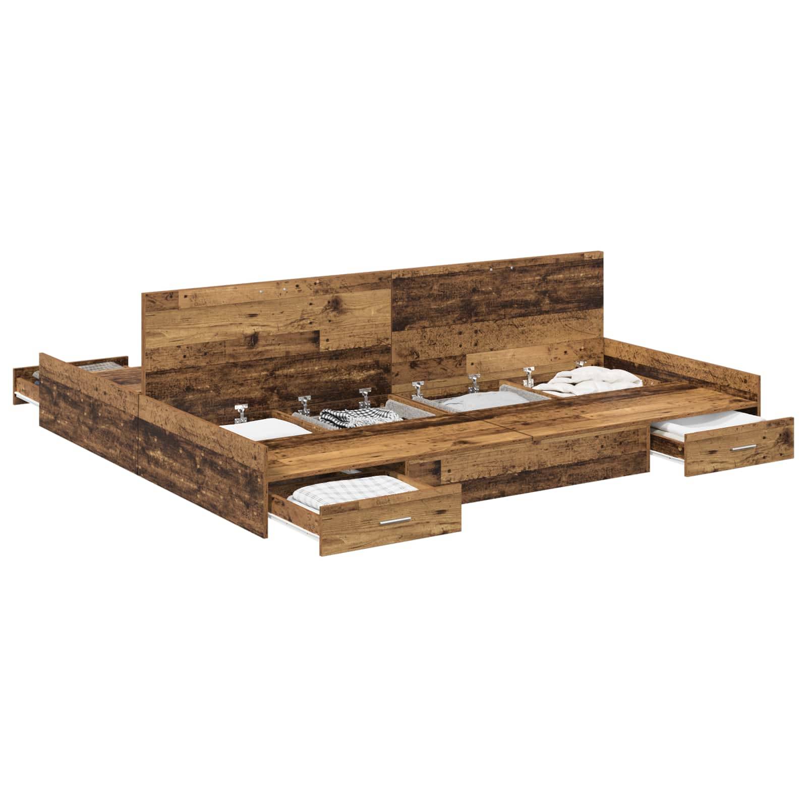 Ein Holzplattformbett mit mehreren ausziehbaren Aufbewahrungsschubladen darunter und entlang der Seiten, das praktische Lagerlösungen präsentiert.