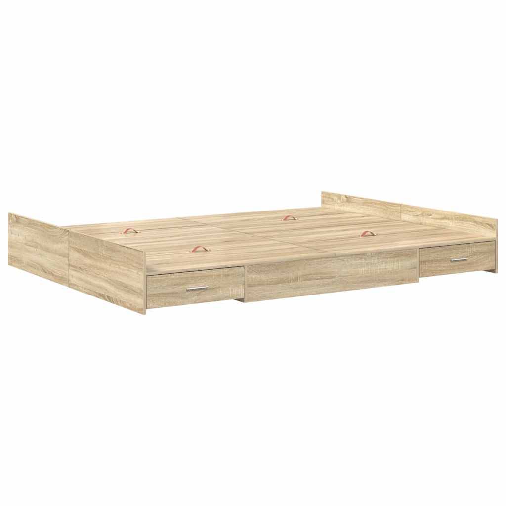 Ein Holz-Bettgestell mit Stauraum, ausgestattet mit drei großen Schubladen darunter, in heller Eichenoptik und mit schlichten Griffzügen, ideal für ein Schlafzimmer.