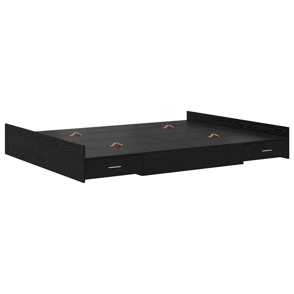 Niedriges Holz-Plattformbett mit mehreren Aufbewahrungsschubladen unter dem Bett und schlichtem Design.