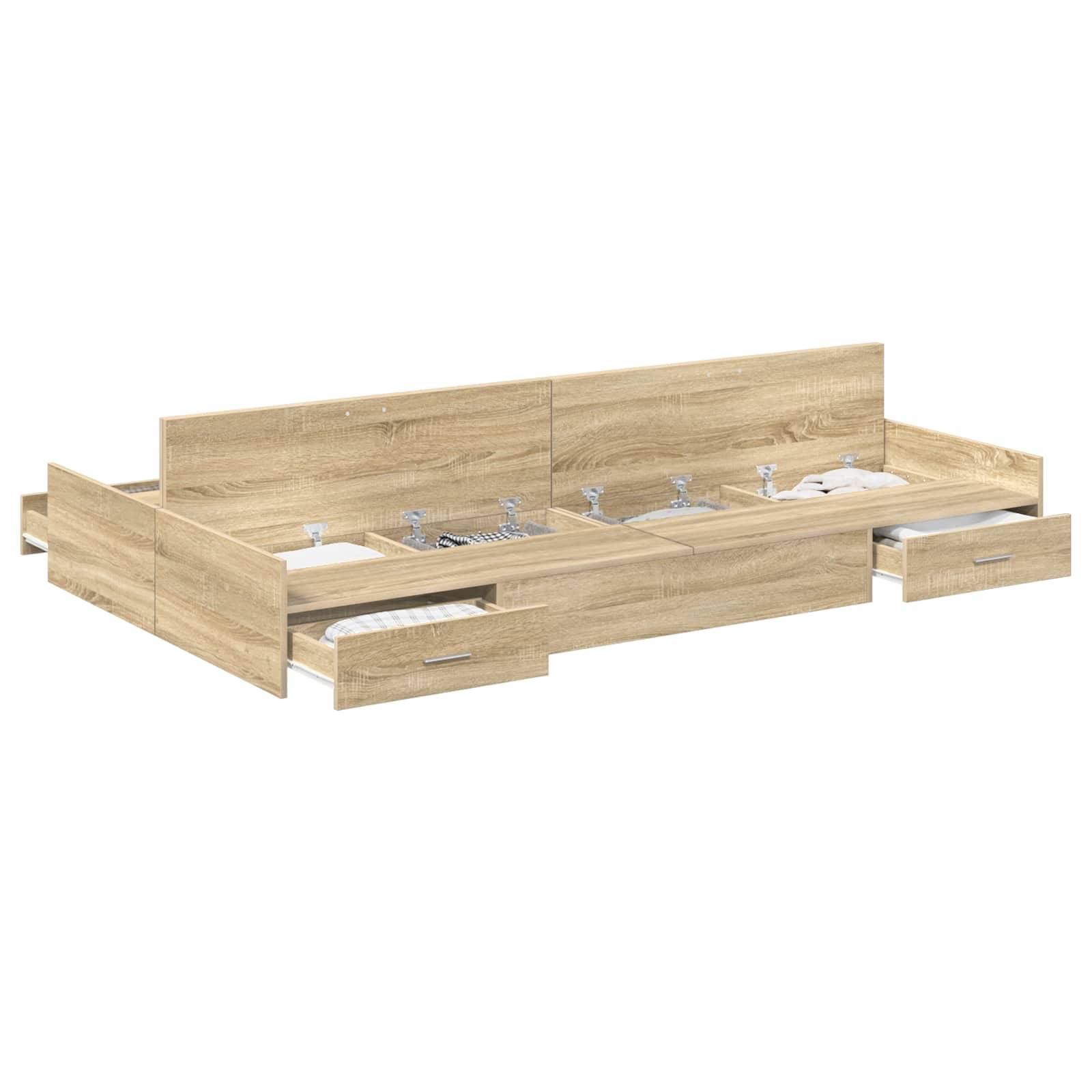 Eine Holz-Plattformbettbasis mit mehreren geöffneten Aufbewahrungsschubladen, die ihre Stauraummöglichkeiten und Finish in heller Eiche präsentiert.