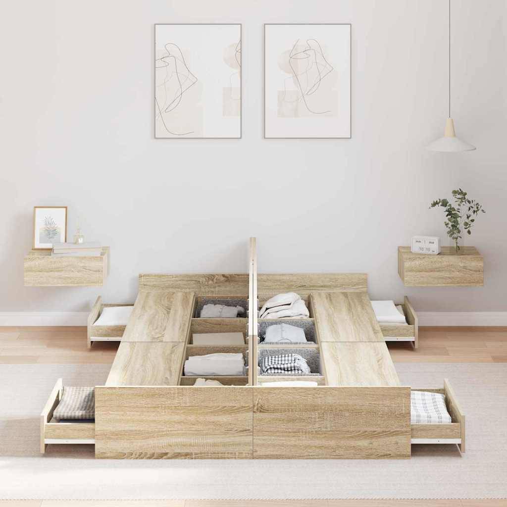 Modernes Schlafzimmer mit einem niedrigen Holzbett und vielen eingebauten Schubladen für Stauraum, abstrakten Rahmenbildern darüber und minimalistischen Wandregalen und Deko.