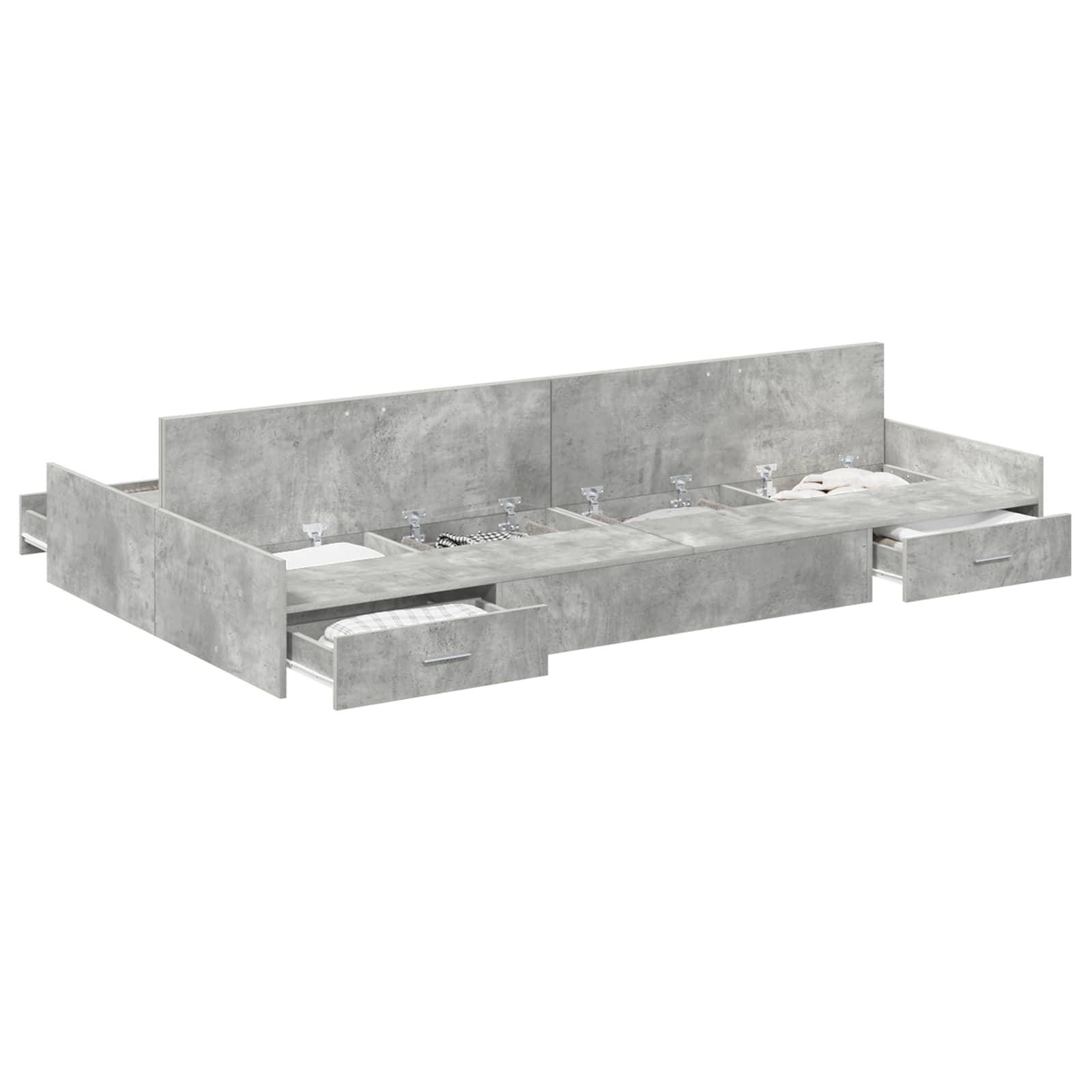 Betonbettgestell mit integrierten Seitenschubladen und niedrigen Rückenpaneelen, dargestellt in einer minimalistischen Produktansicht.