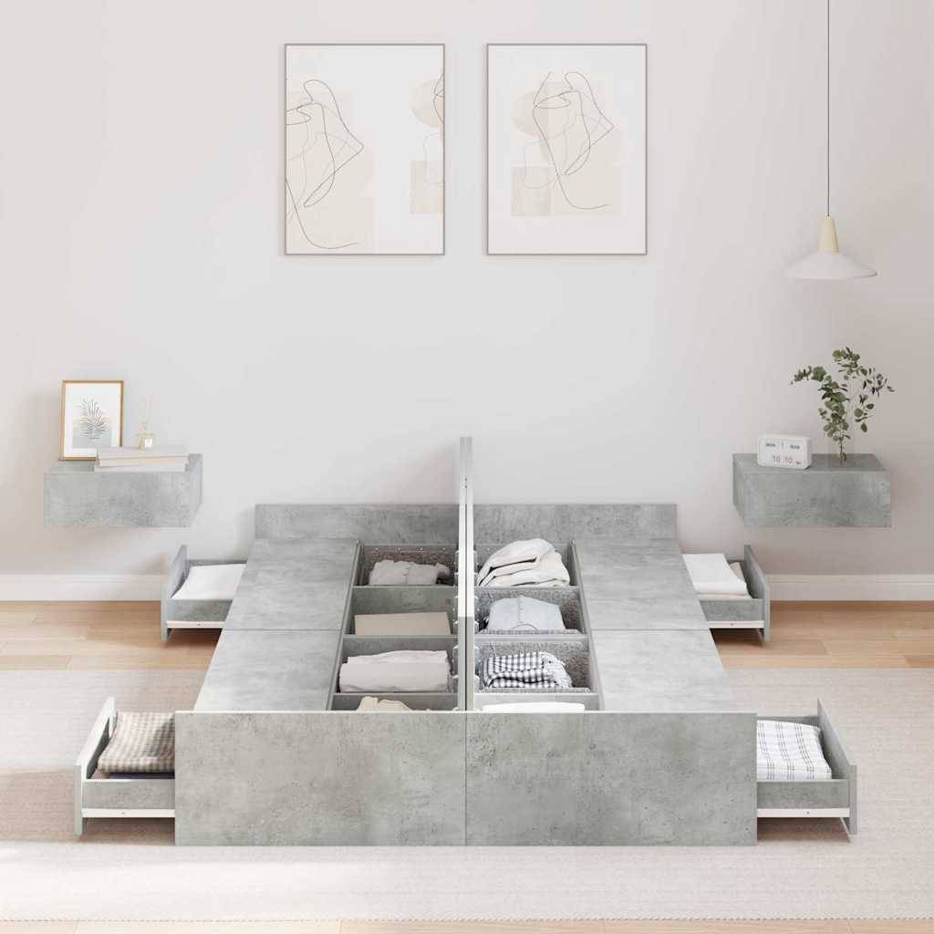 Modernes Schlafzimmer mit einem Betonfplattformbett mit integrierten Schubladen und unterteiltem Stauraum, sowie minimalistischer Wandkunst und schwebenden Regalen.