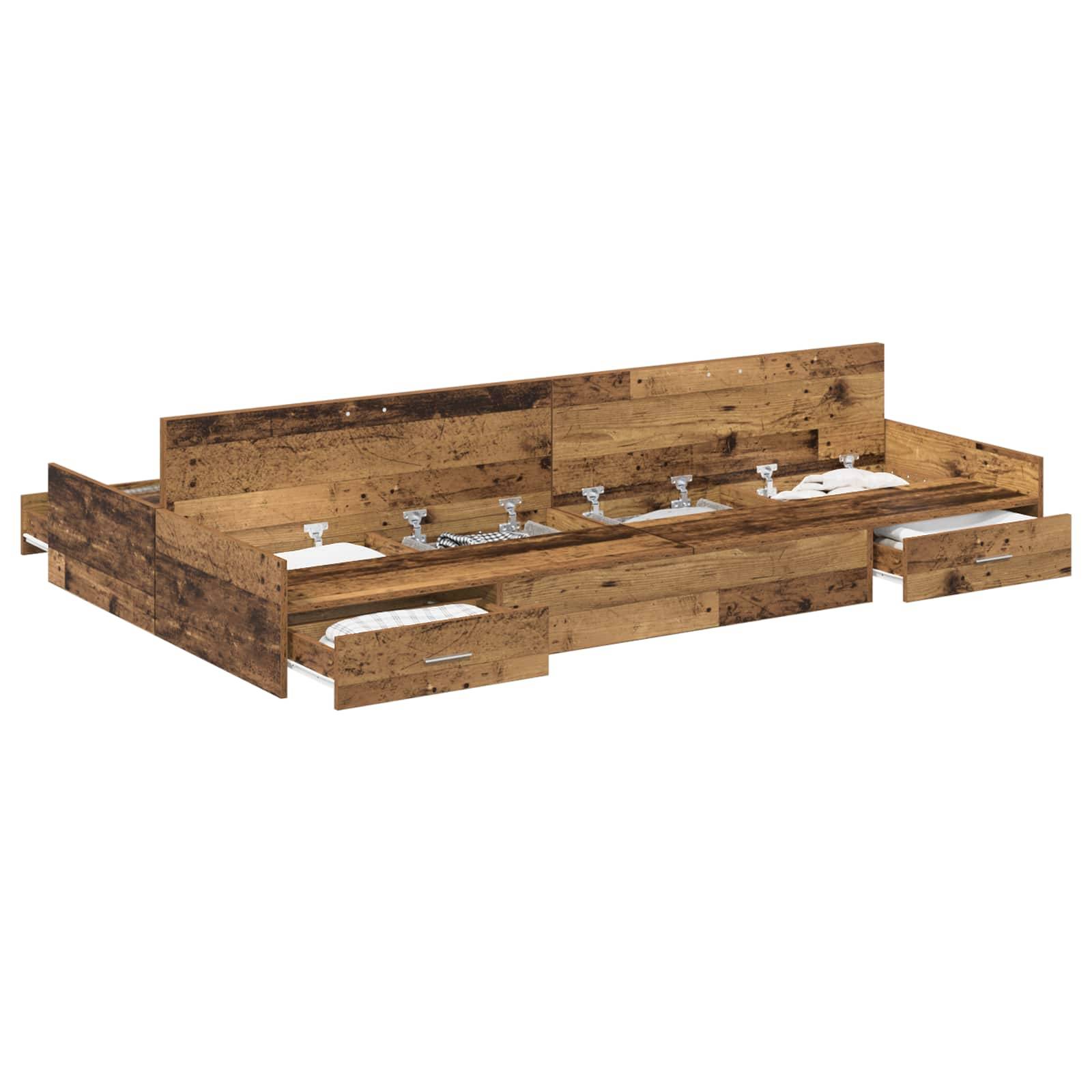 Ein Holzbettgestell mit rustikaler Oberfläche, ausgestattet mit zwei Ausziehschubladen an jeder Seite und einem großen Kopfteil.