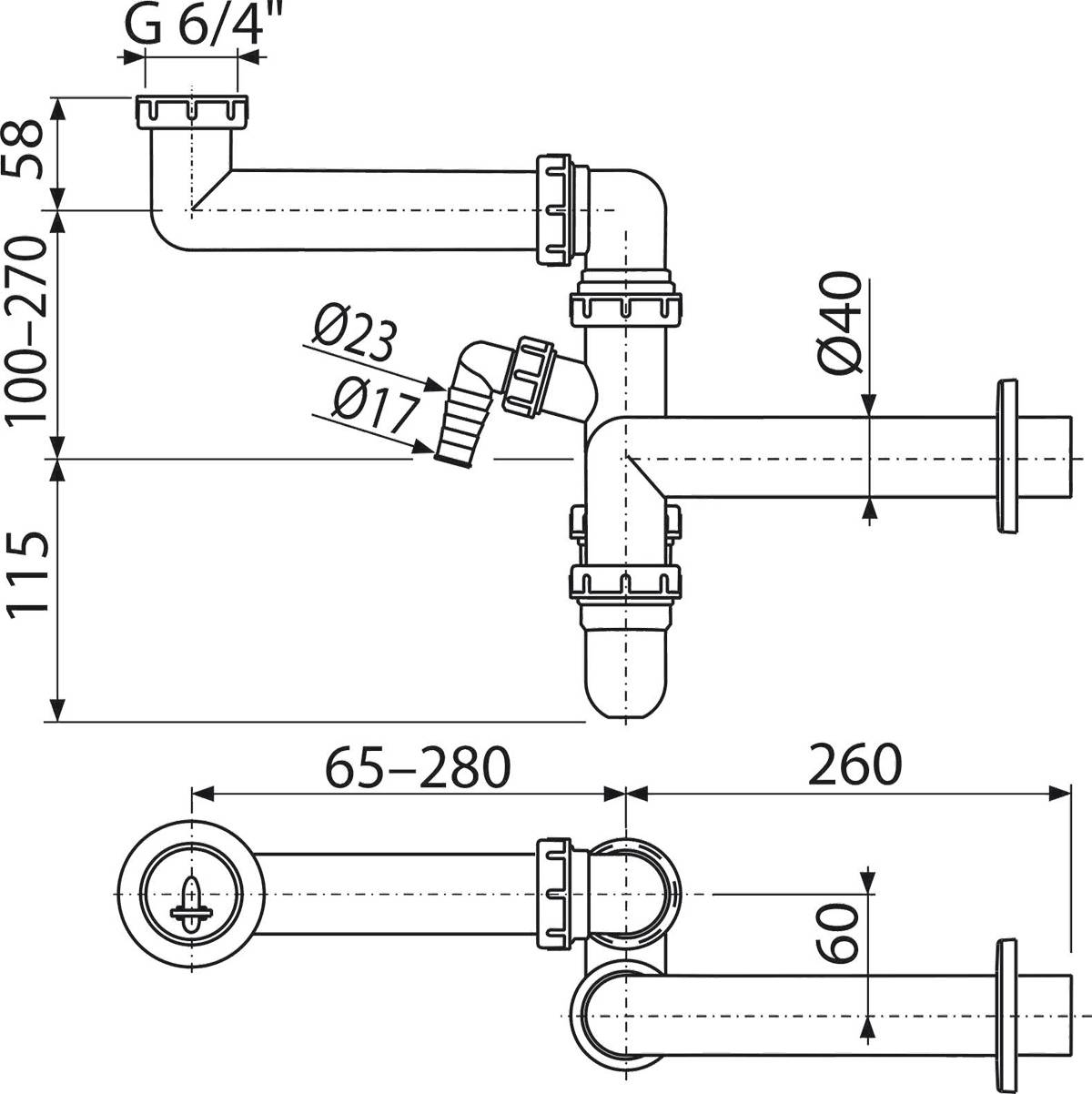 Alcadrain Raumsparsiphon für Spülbecken mit einem Geräteanschluss und einer Überwurfmutter 6/4"