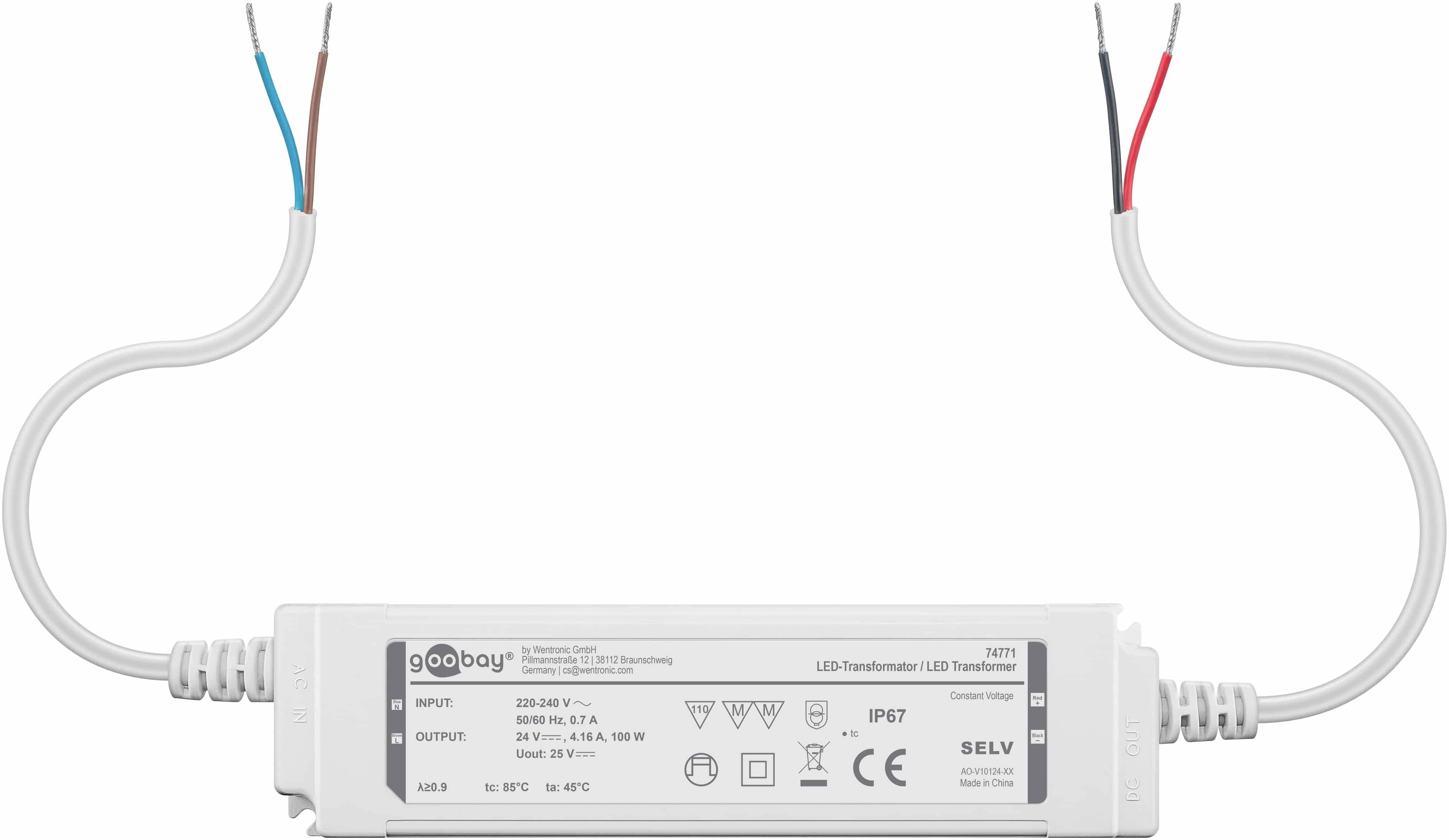 Ein rechteckiger weißer LED-Transformator mit Drähten, die aus beiden Enden herausragen. Er zeigt die Marke 