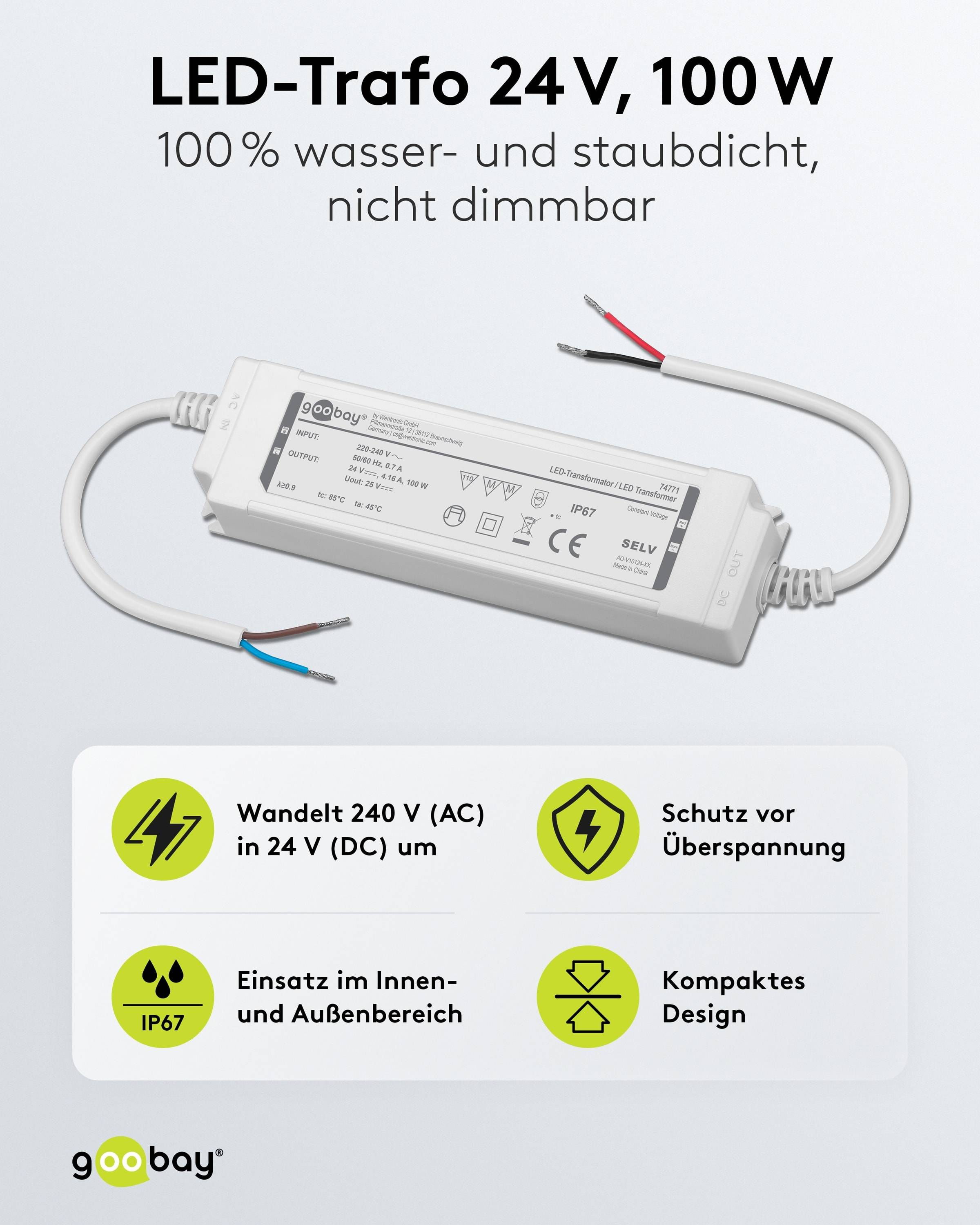 GOOBAY Wetterfester LED-Trafo 24V DC, 100W, 4.16 A, IP67