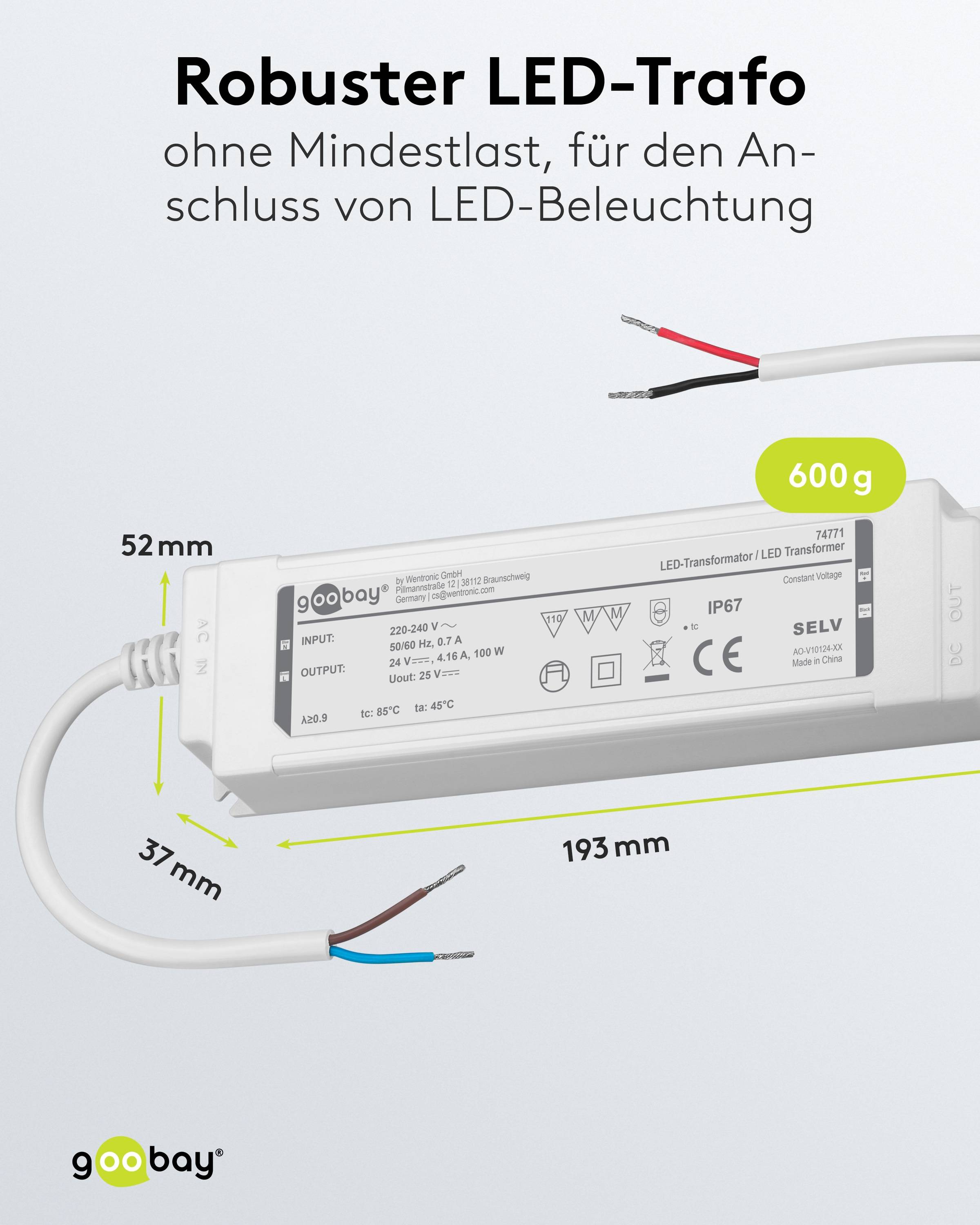 GOOBAY Wetterfester LED-Trafo 24V DC, 100W, 4.16 A, IP67