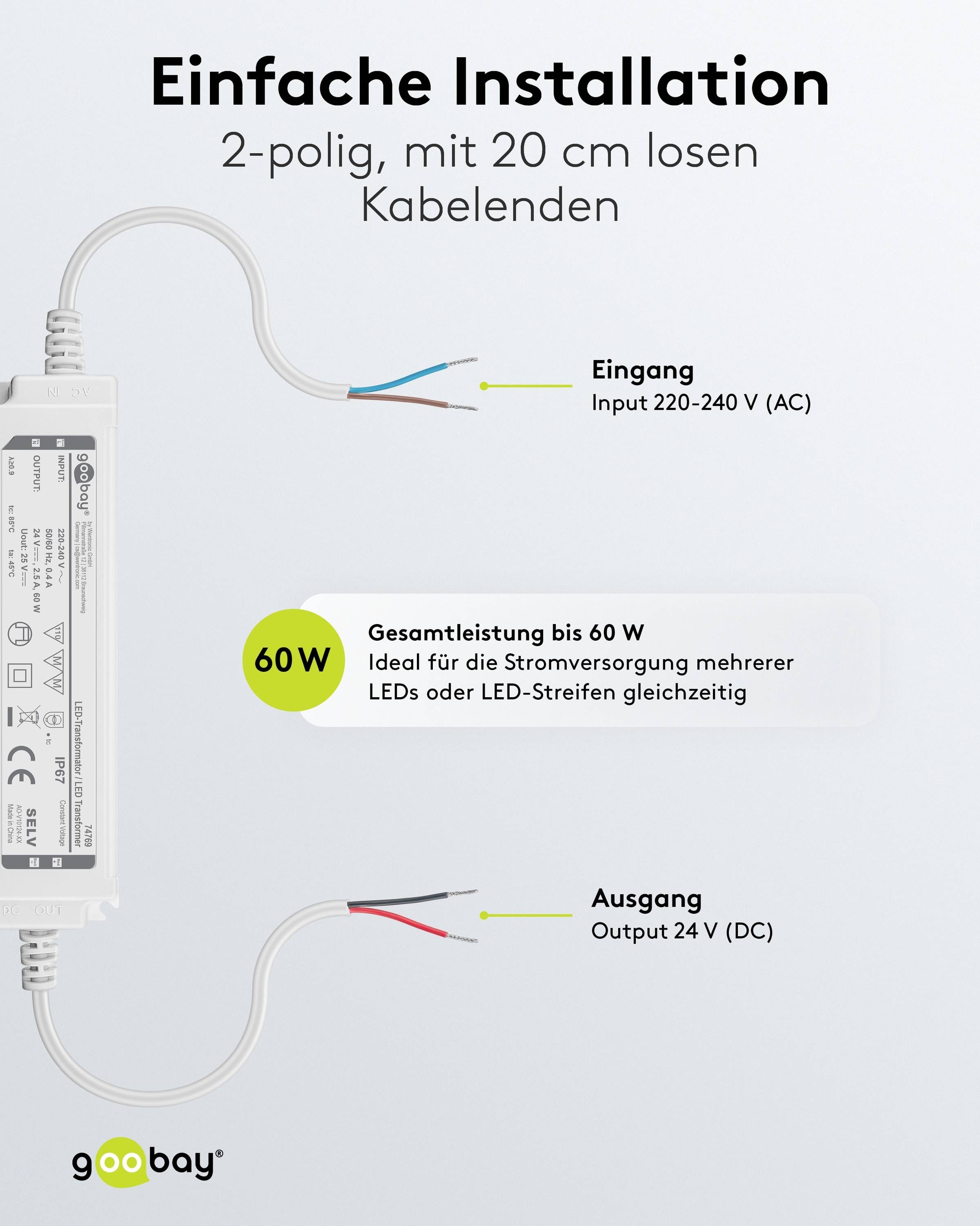 2-polig, mit 20 cm losen Kabelenden': Transformator mit Eingang 220-240V AC und Ausgang 24V DC, 60W, geeignet für mehrere LEDs oder LED-Streifen.