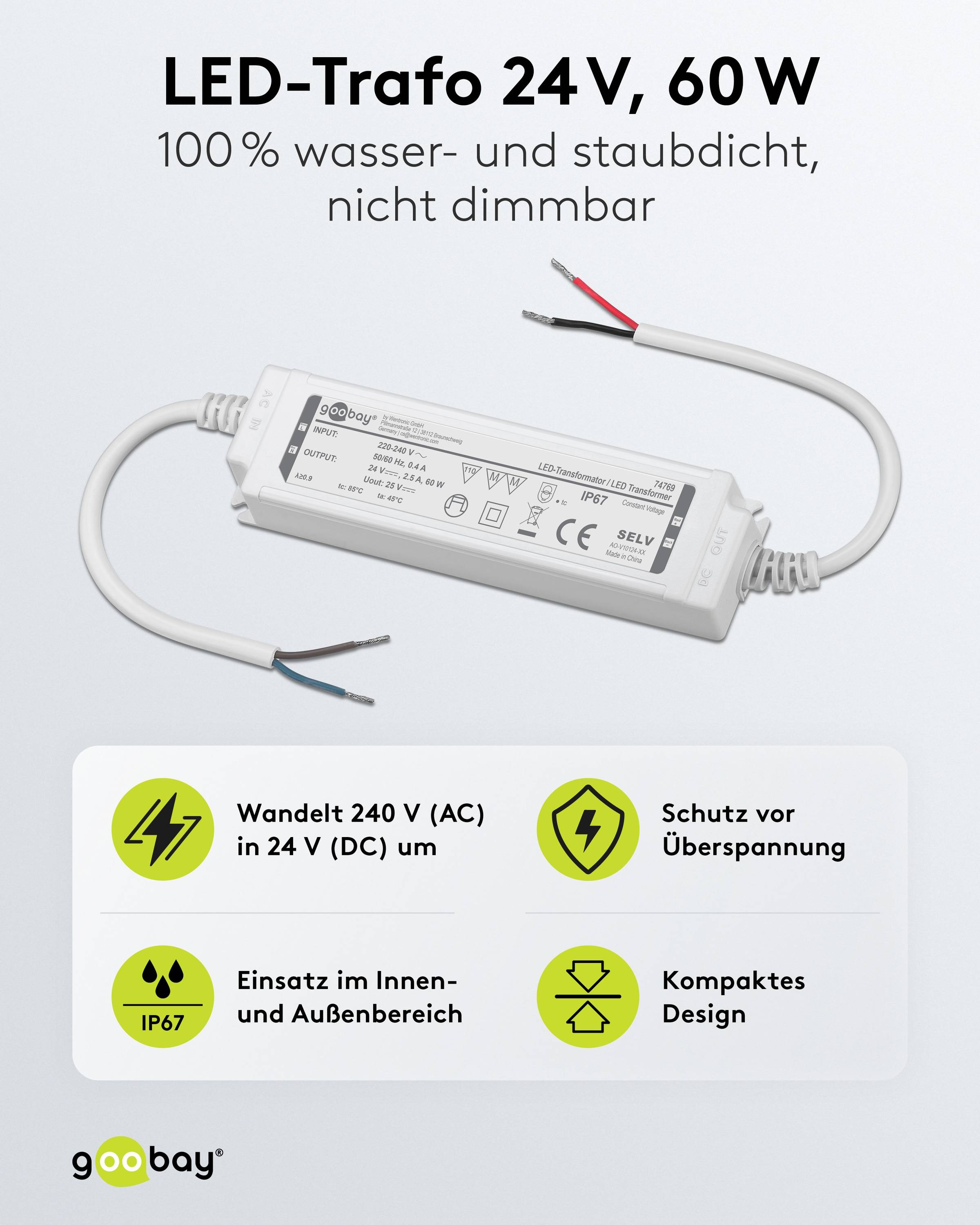 GOOBAY Wetterfester LED-Trafo 24V DC, 60W, 4.16 A, IP67