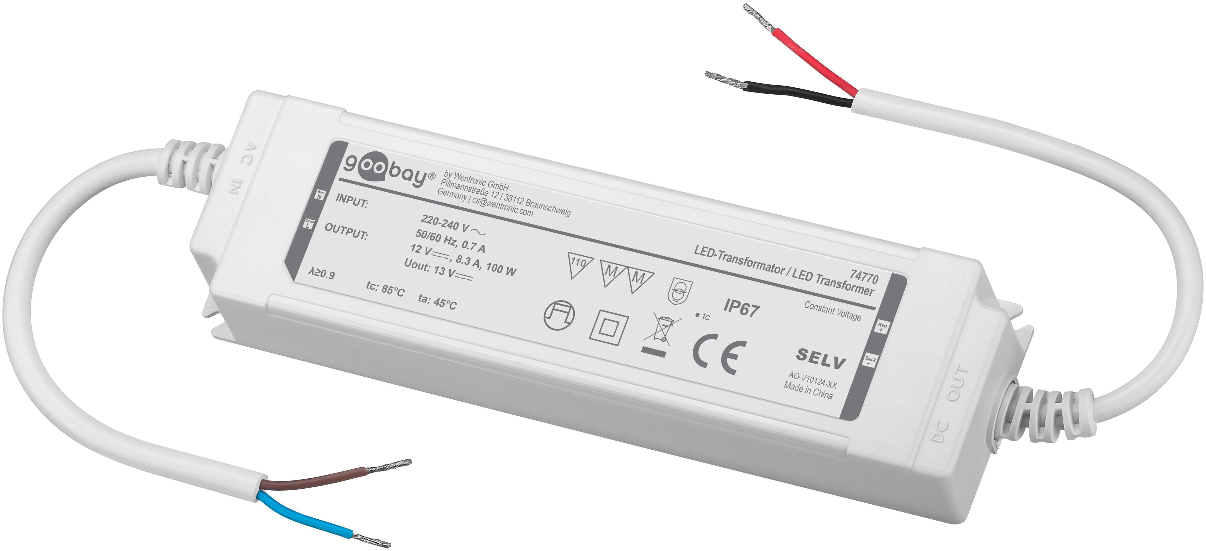 LED-Transformator, 220-240V, 100W, IP67-Schutzart, Modell 74770,' mit Schaltschema und technischen Konformitätssymbolen.