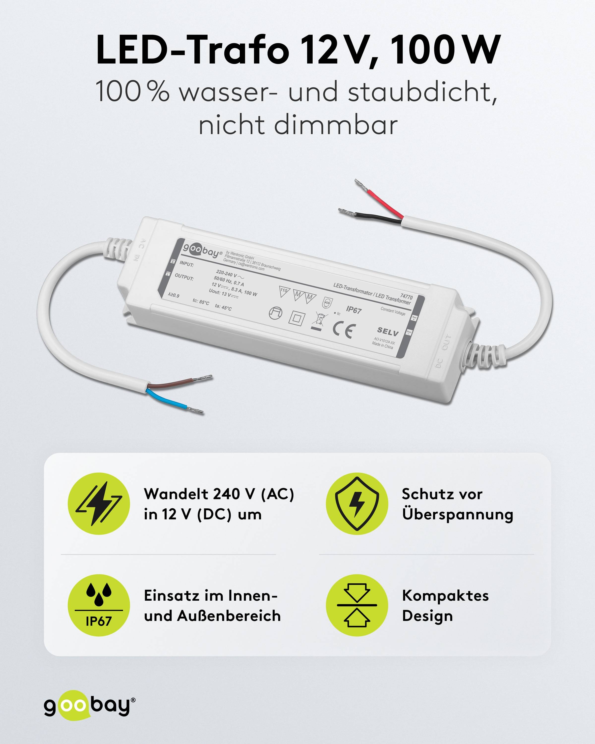 Ein LED-Elektroniktransformator, 100% wasserdicht und staubdicht, nicht dimmbar. Wandelt 240V (AC) in 12V (DC) um. Für Innen- und Außenbereich geeignet.