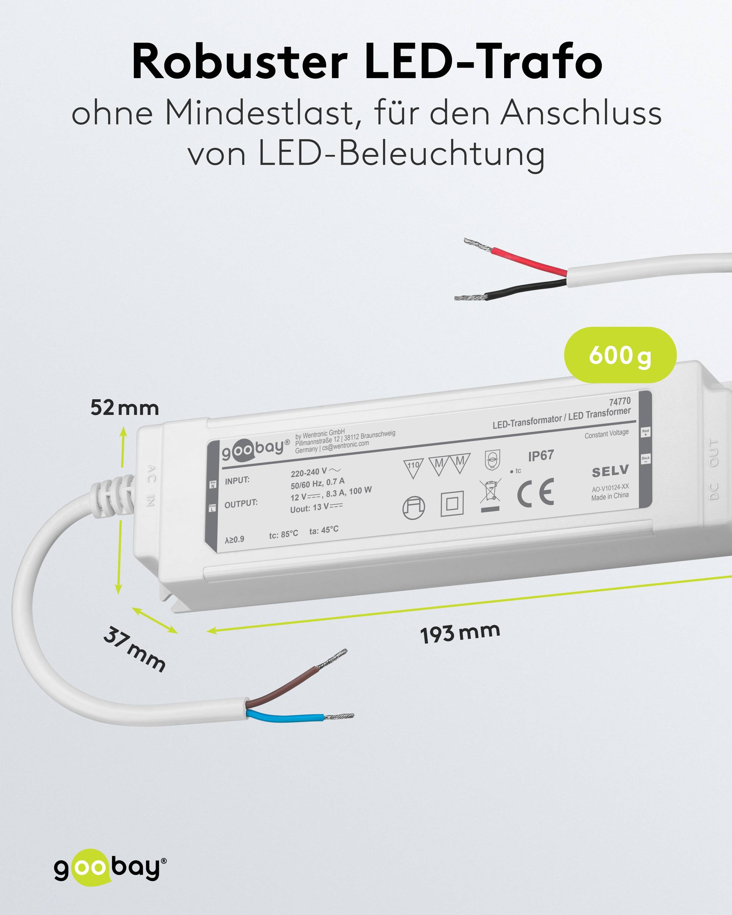 Ein LED-Transformator mit Kabeln, Abmessungen in Millimetern angegeben, und wiegt 600g. Produktspezifikationen und Sicherheitssymbole sind sichtbar.