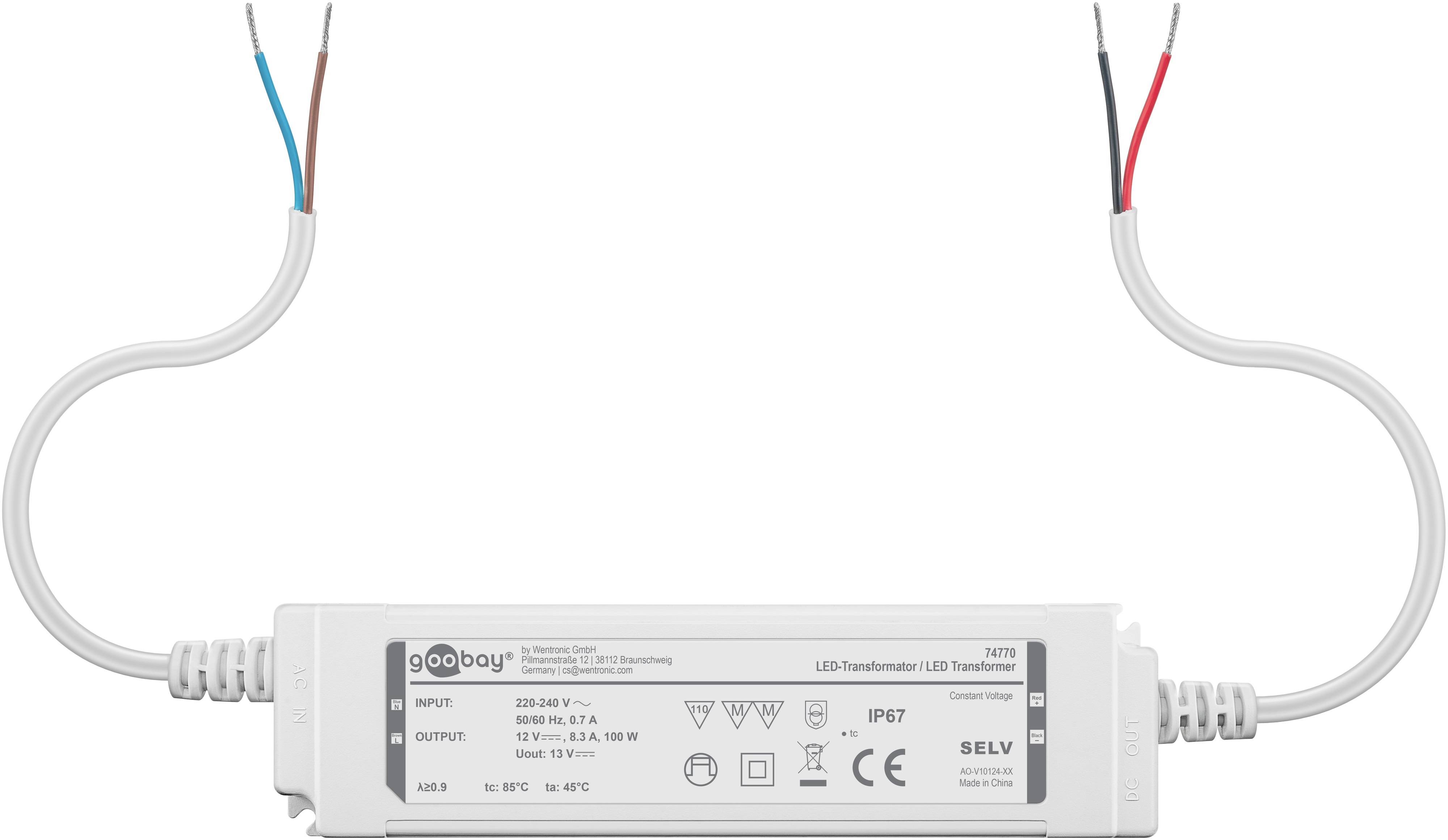 Ein rechteckiger LED-Transformator mit Drähten an jedem Ende, gekennzeichnet mit „goobay