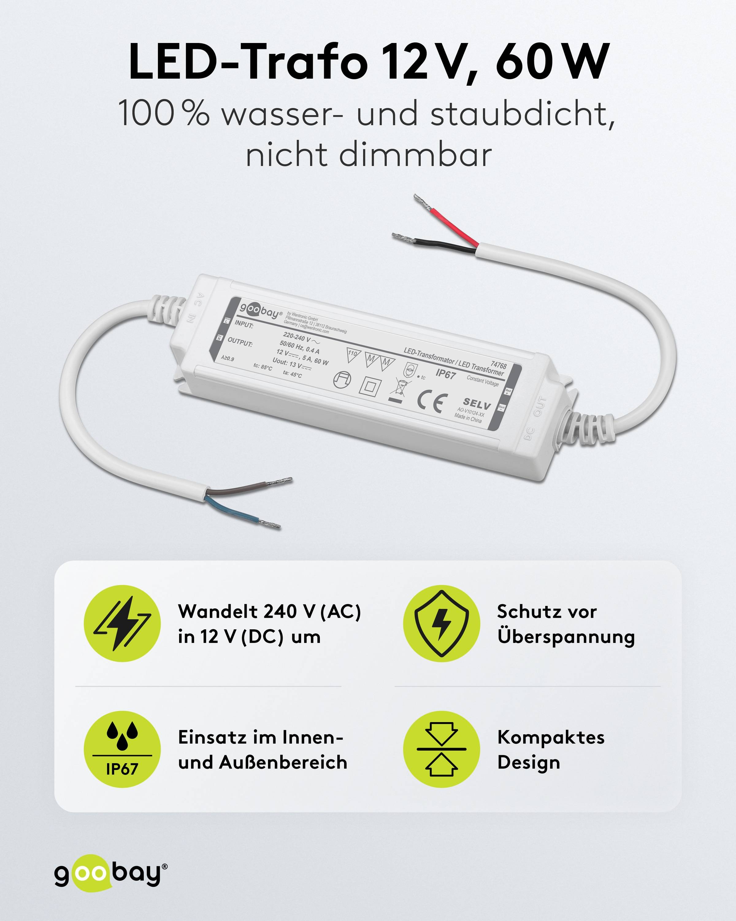 GOOBAY Wetterfester LED-Trafo 12V DC, 60W, 5 A, IP67