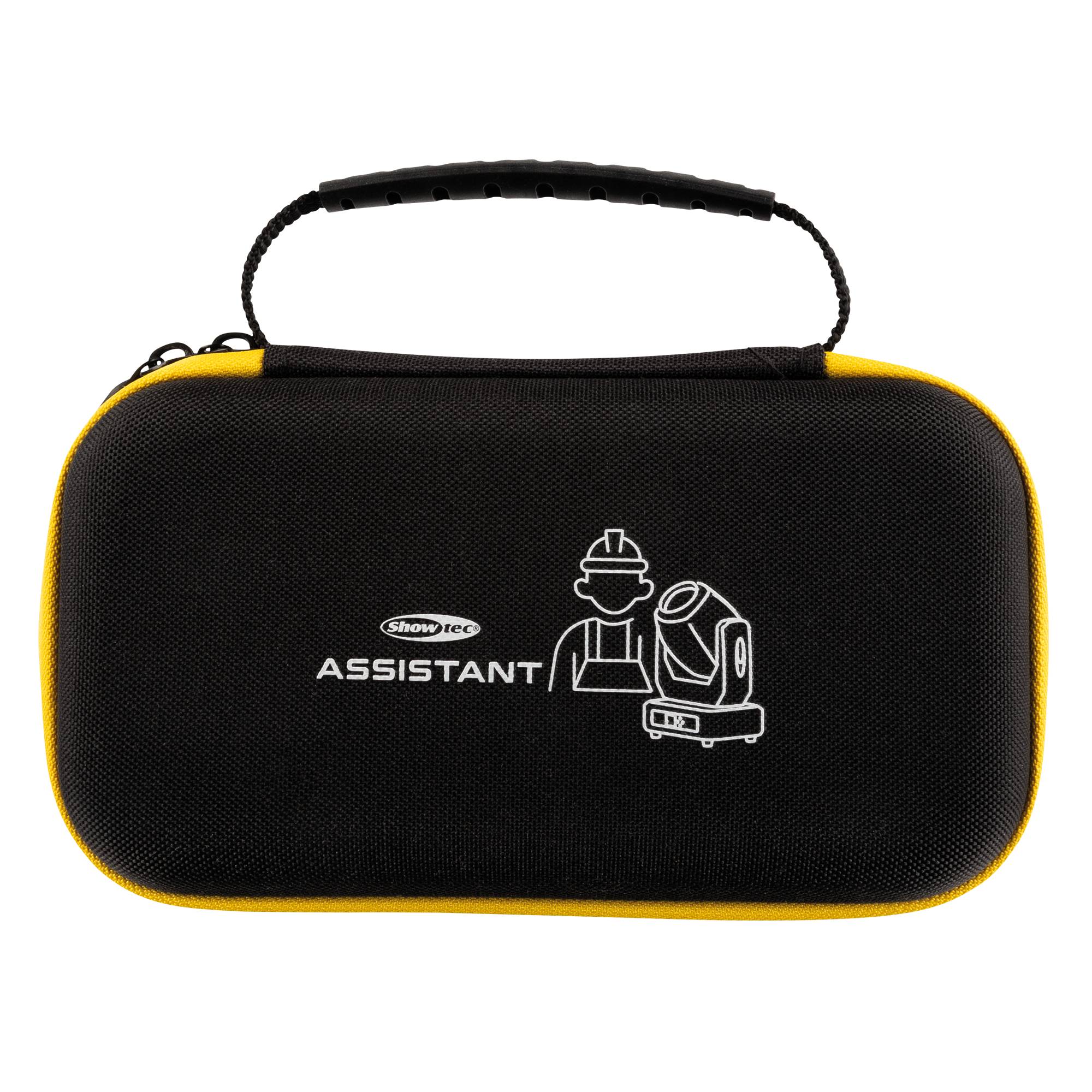 Eine schwarze Tragetasche mit gelber Kante, die eine Grafik eines Arbeiters mit einem Projektor und das Wort 'ASSISTANT' auf der Vorderseite zeigt.