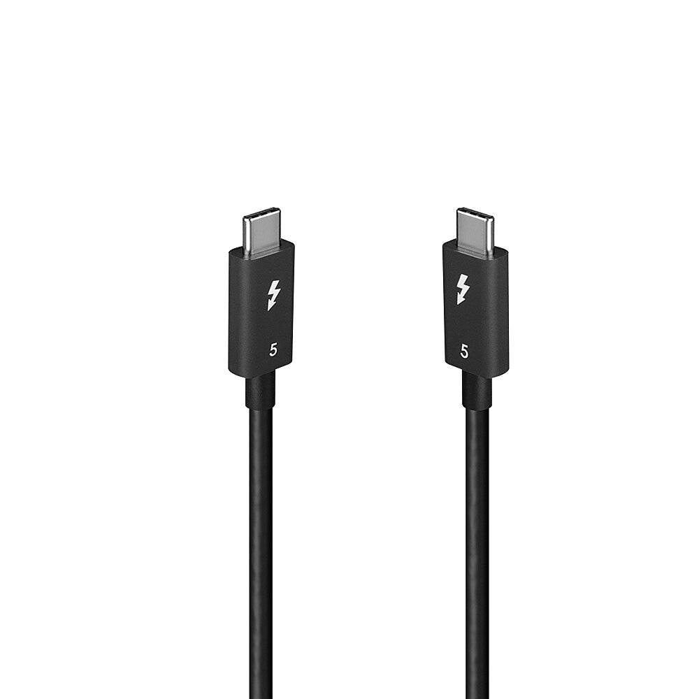 Zwei schwarze USB-C-auf-USB-C-Ladekabel aufrecht auf weißem Hintergrund dargestellt, jeweils mit einem Thunderbolt-ähnlichen Blitzsymbol und der Nummer 5 auf der Steckergehäuse.