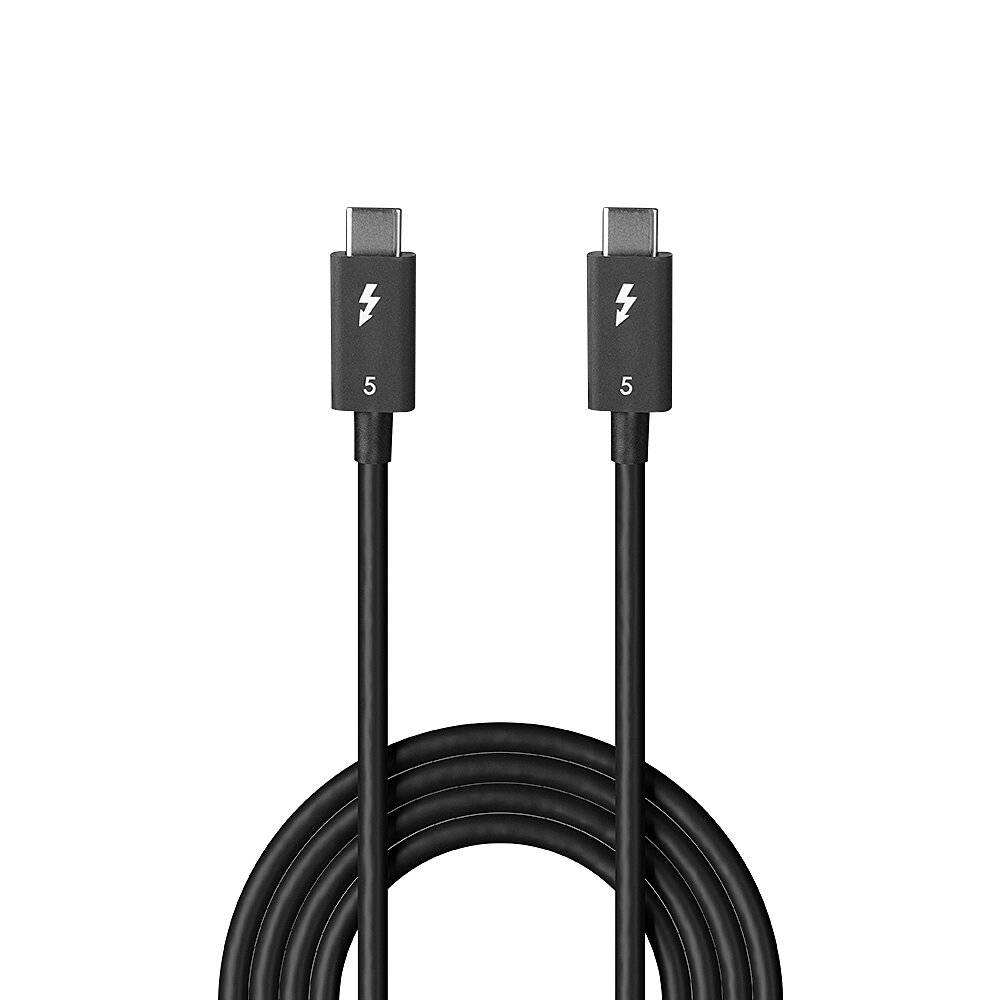 Schwarzes USB-C-zu-USB-C-Ladekabel, ordentlich aufgerollt, mit Thunderbolt-ähnlichen Blitzsymbolen und „5