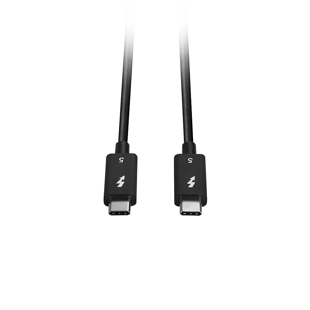 Zwei schwarze USB-C-Thunderbolt-Kabel mit Blitzsymbolen nebeneinander auf weißem Hintergrund dargestellt.