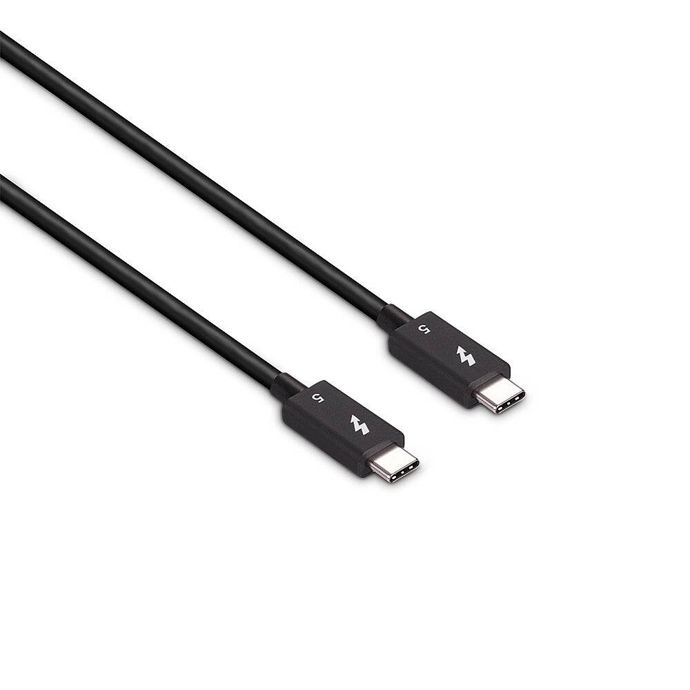 Zwei schwarze Thunderbolt-USB-C-Kabel mit gezeigten Steckerenden auf weißem Hintergrund.