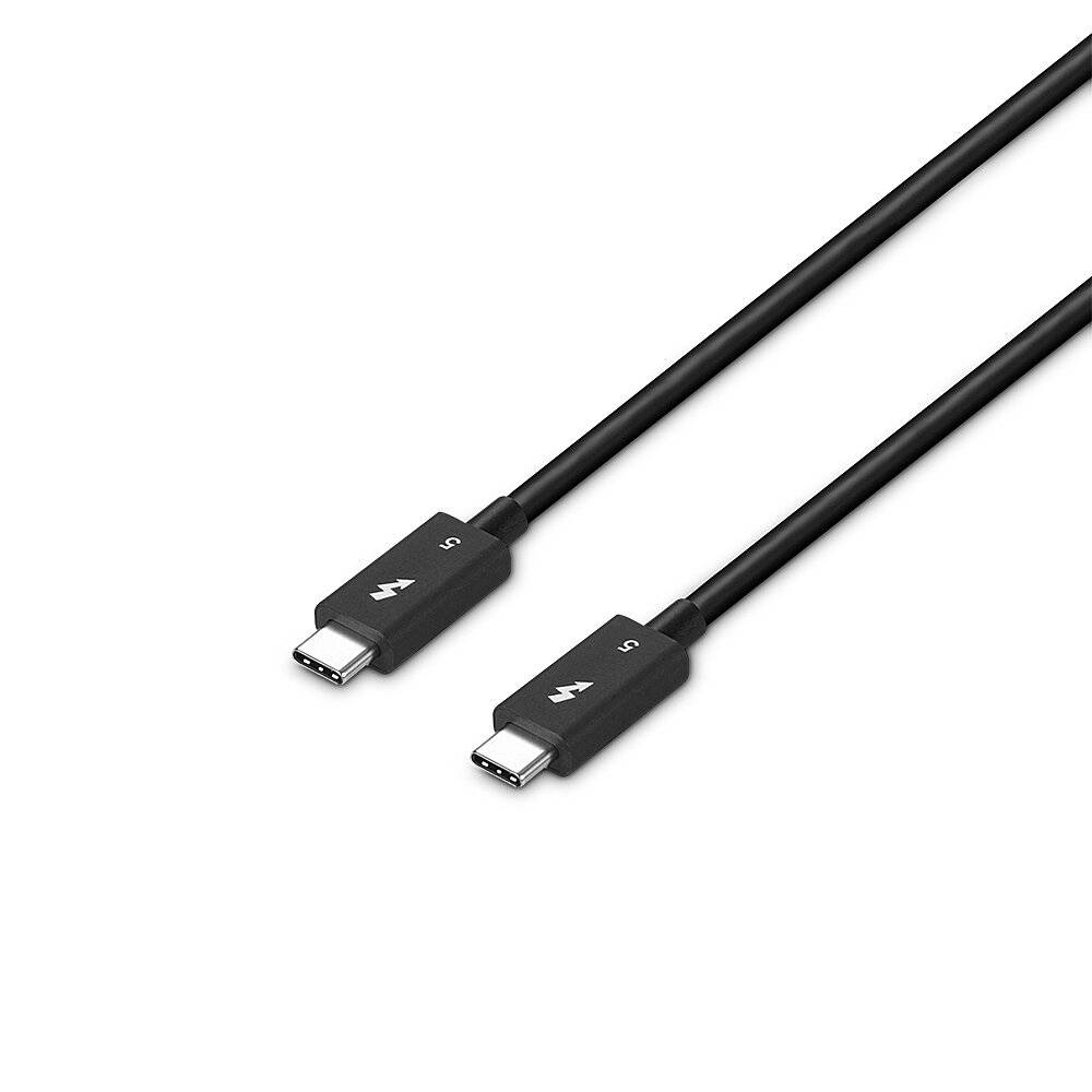 Zwei schwarze USB-C-Kabel mit Thunderbolt-Blitzsymbolen auf den Steckverbindern, gezeigt auf weißem Hintergrund.