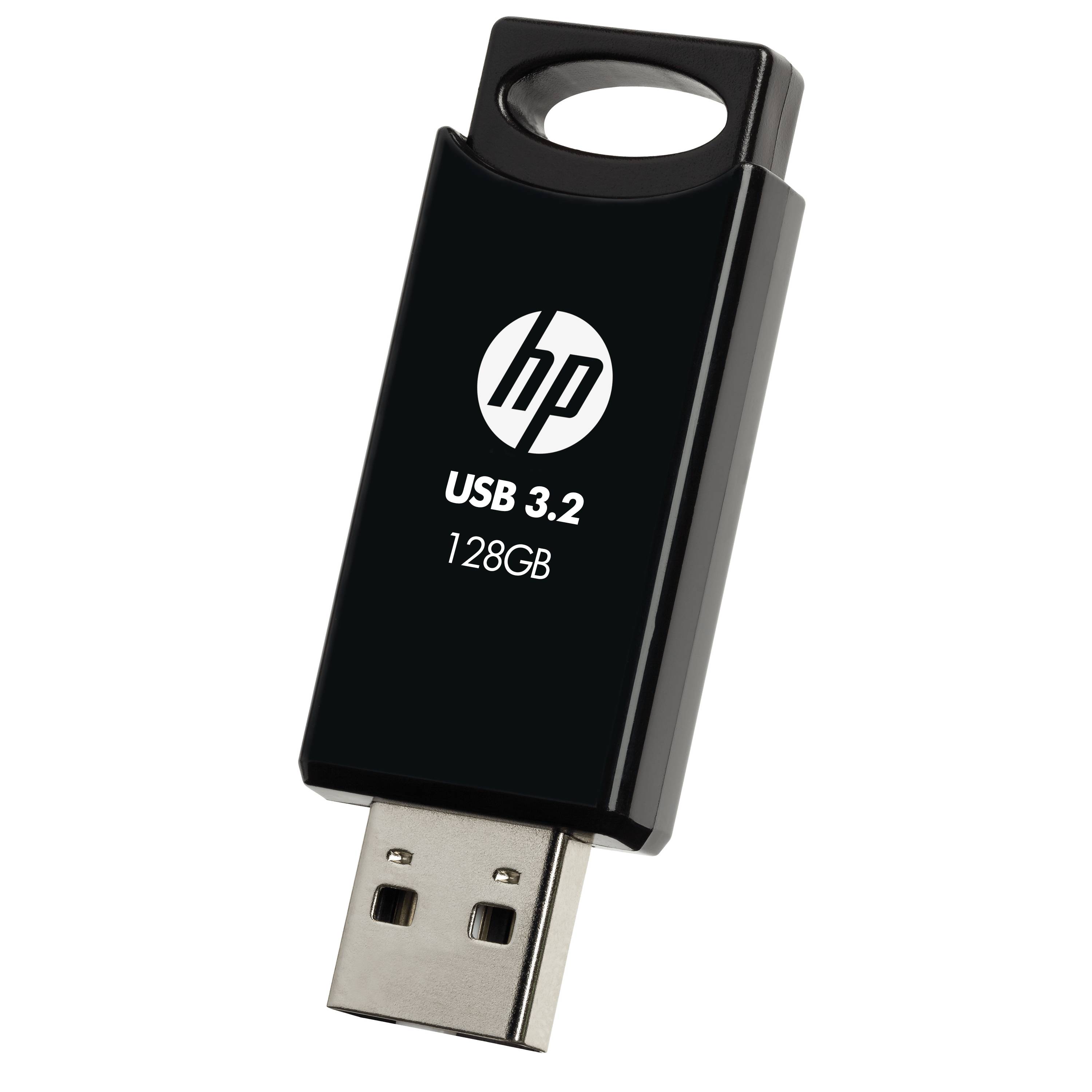 HP USB 3.2 128GB Flash-Laufwerk auf schwarzem Hintergrund mit freiliegendem kappenlosem USB-Anschluss.