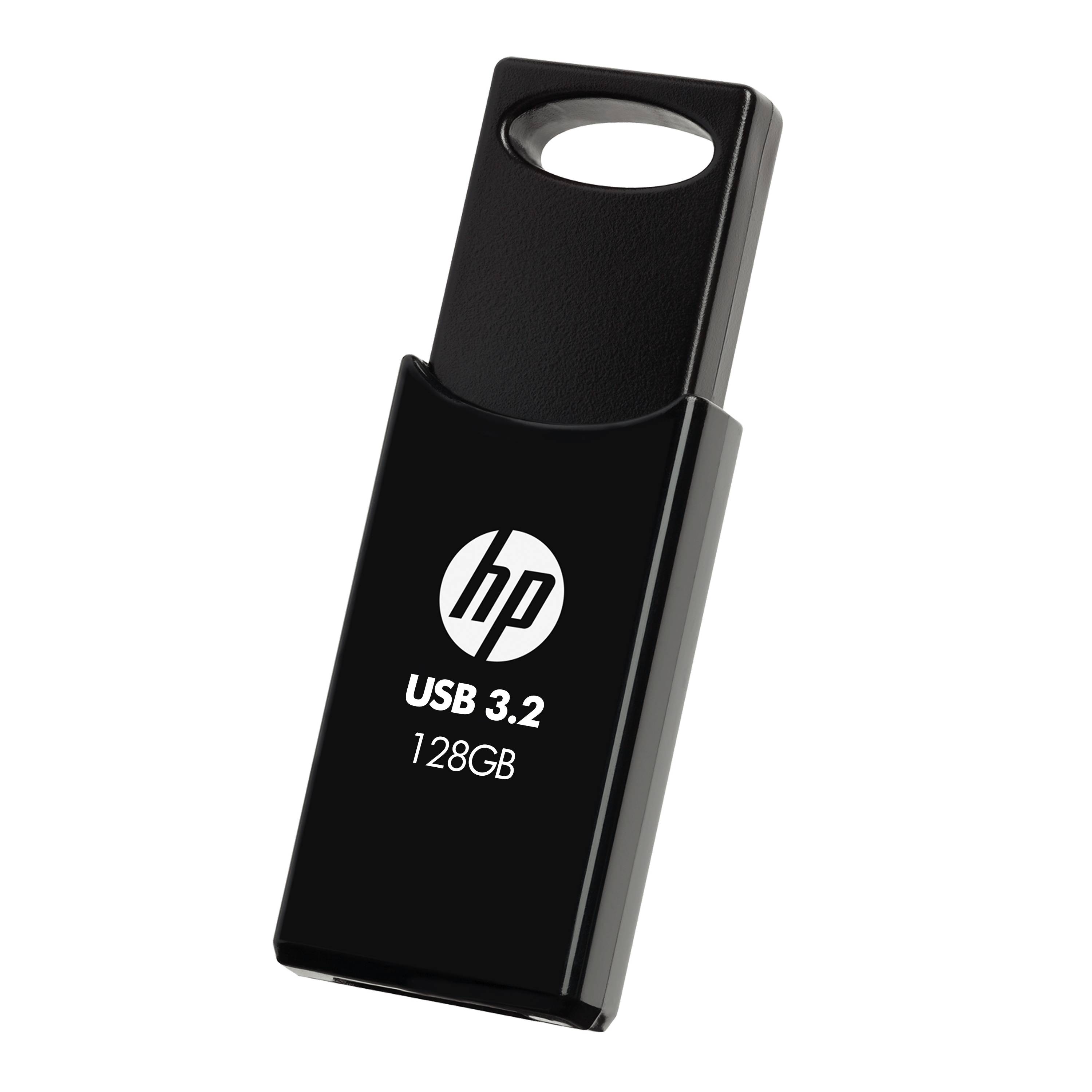 Schwarzes HP USB-Speicherlaufwerk mit den Aufschriften „USB 3.2