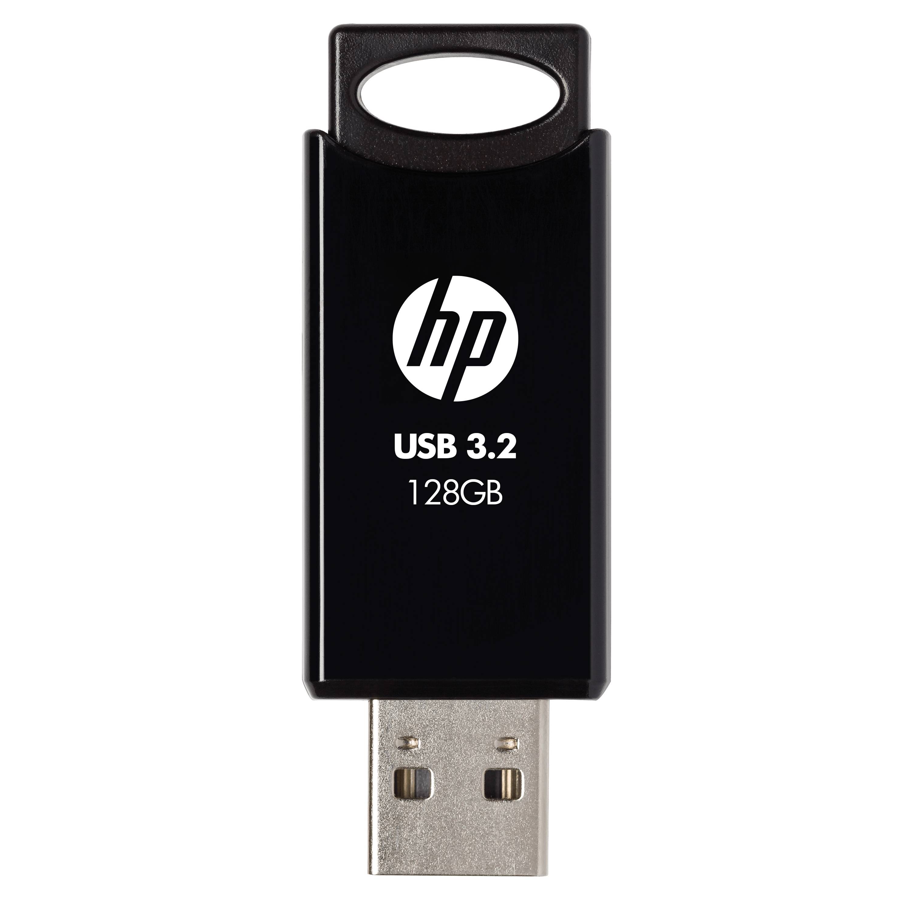 HP USB 3.2 128GB Speicherstick von vorne auf schwarzem Hintergrund dargestellt.