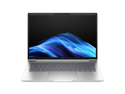 Ein silberner Laptop, der von vorne betrachtet wird und auf seinem Bildschirm eine dynamische blaue Wellengrafik anzeigt.