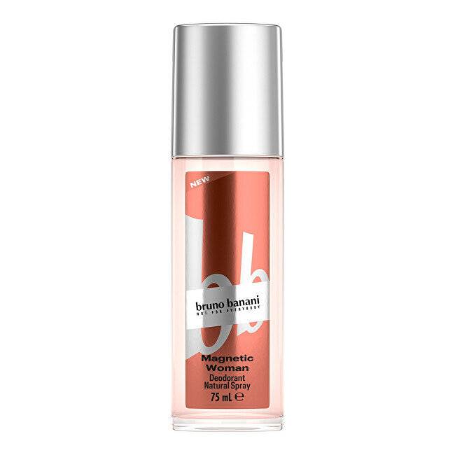 Flasche von Bruno Banani „Magnetic Woman" Deodorant Naturspray, 75 mL, mit silberner Kappe auf weißem Hintergrund.