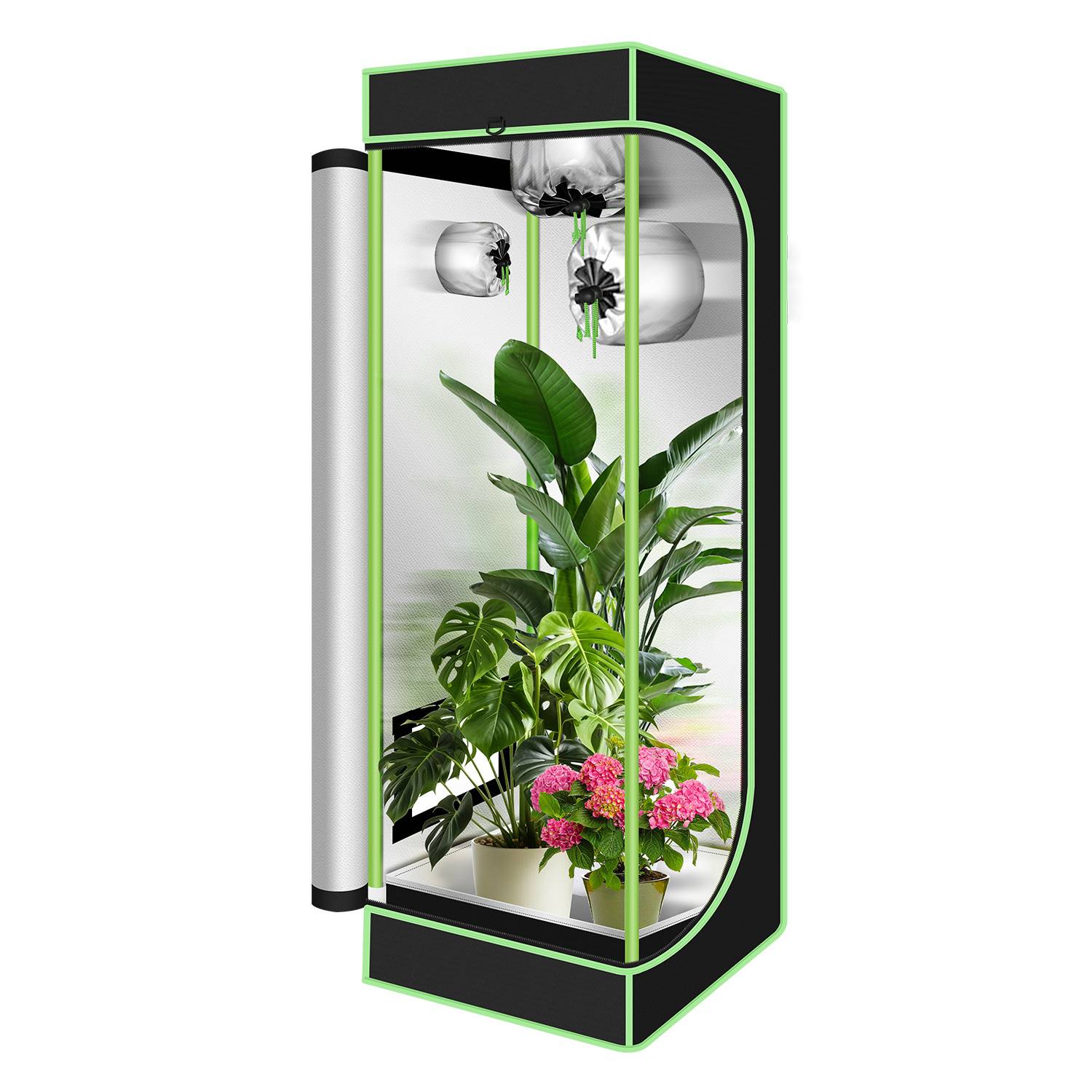 Vertikaler Indoor-Growschrank mit Glastür, Wachstumsleuchten und mehreren topfigen Tropenpflanzen und Blüten im Inneren.