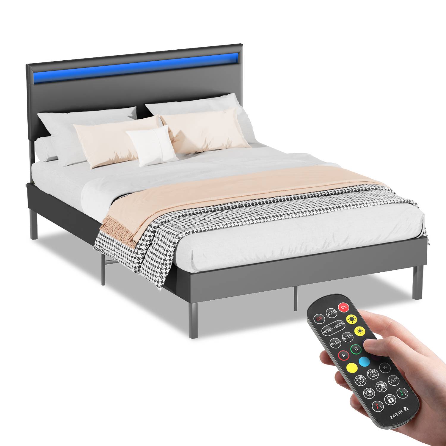 Bettgestell mit Kopfteil Holzwerkstoff, Klassische Betten 120x200CM schwarz Mit Fernsteuerung