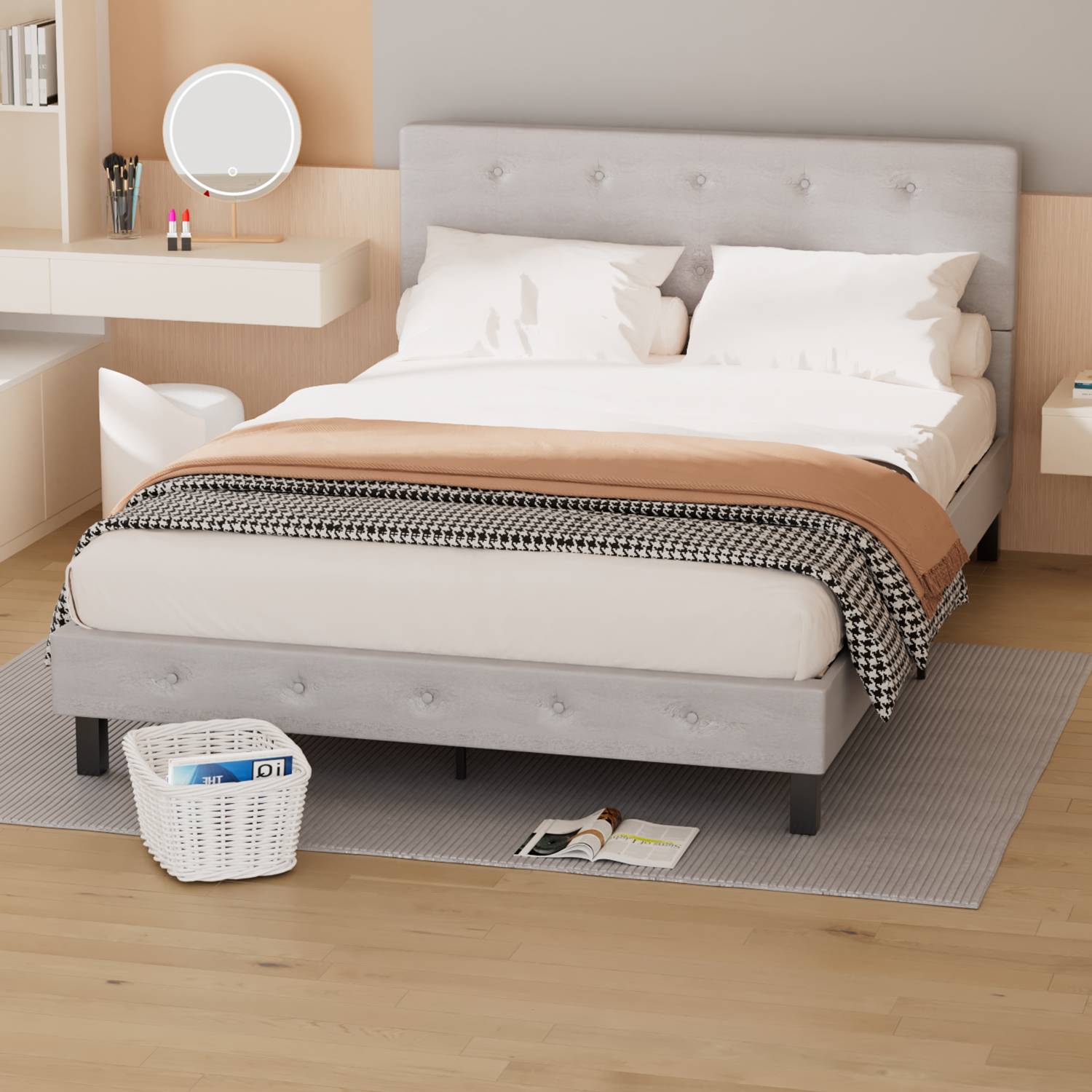 Bettgestell mit Kopfteil Holzwerkstoff, Klassische Betten 140x200CM grau