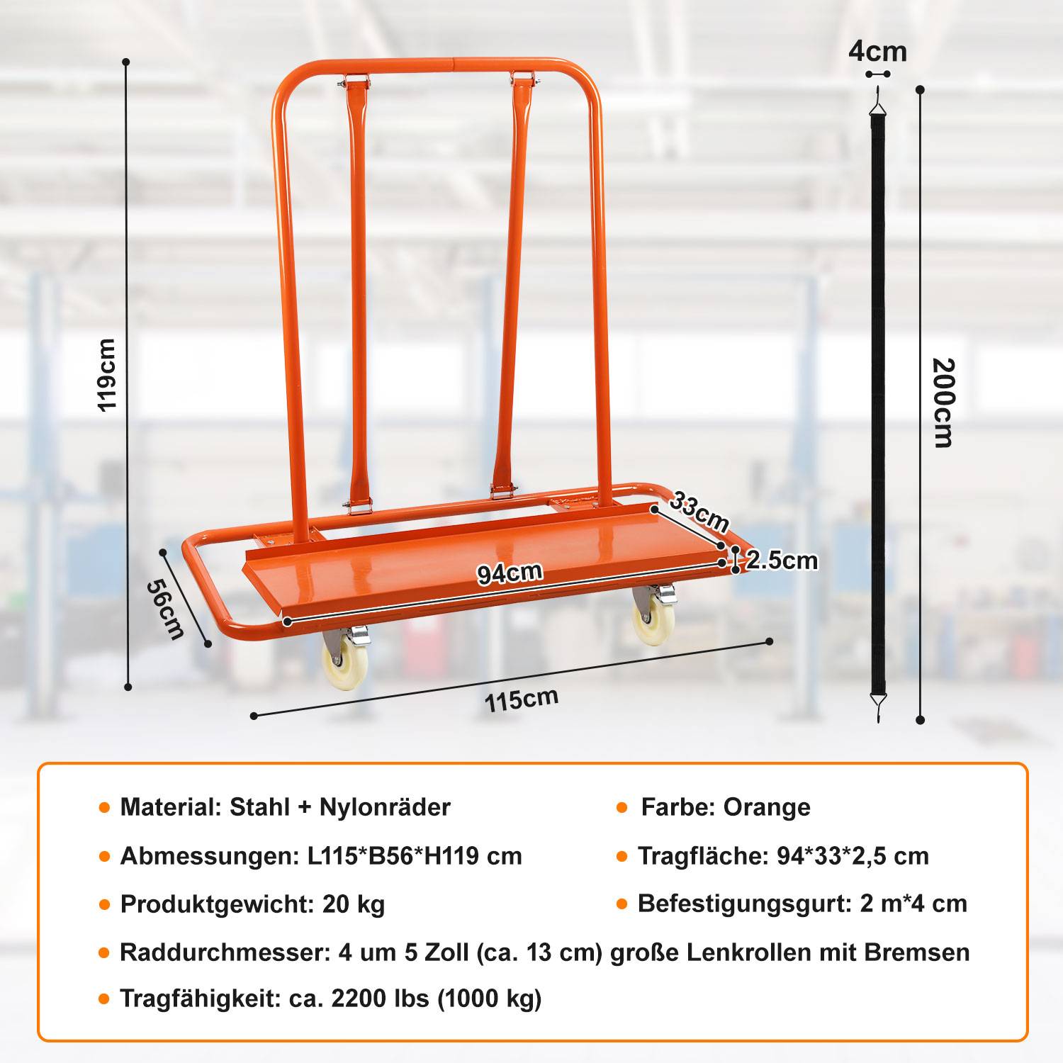 Plattenwagen Transportwagen für Platten Türen Fenster bis 1000Kg Orange