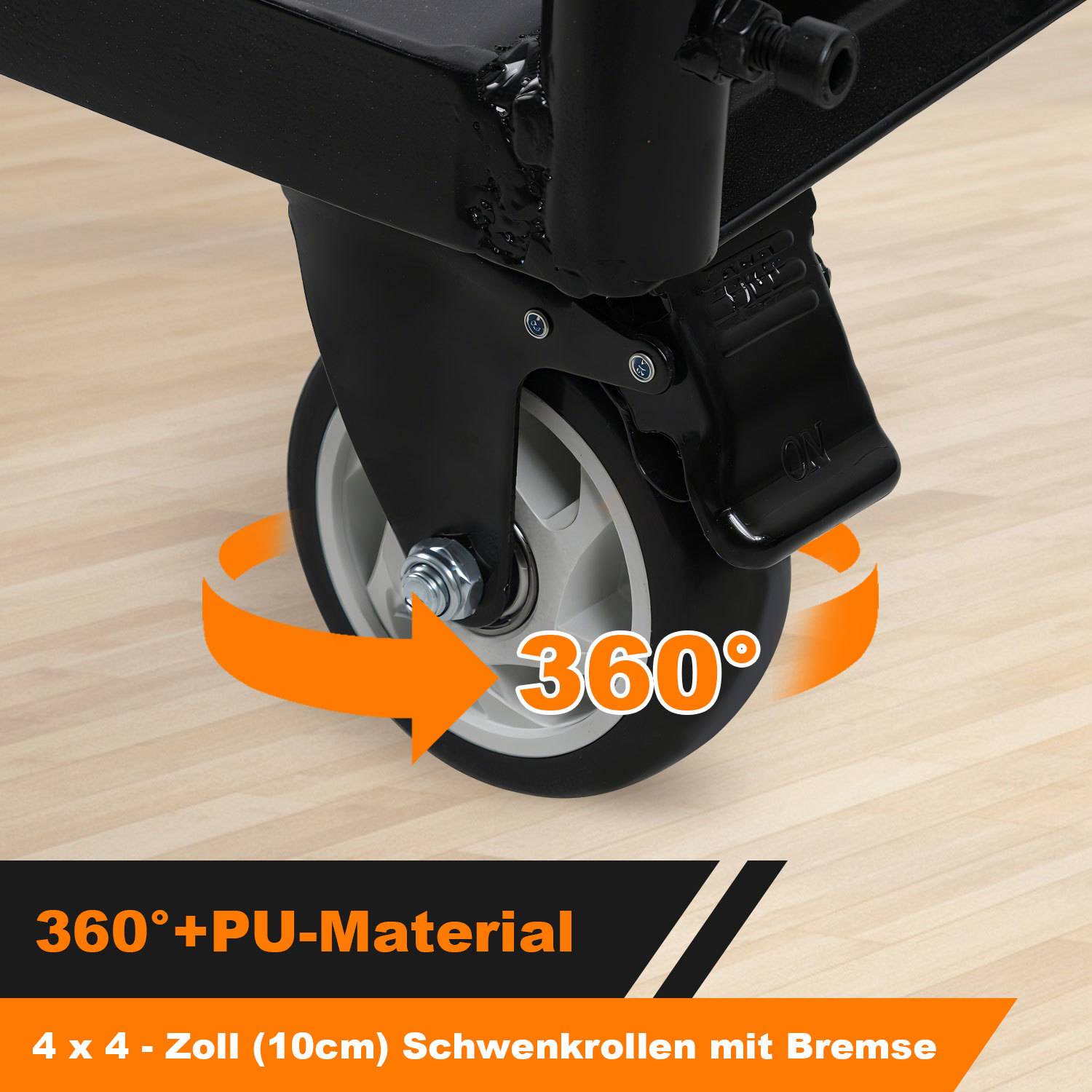Nahaufnahme eines 360-Grad-Schwenkrollen mit Bremse; Text besagt „360°", „360°+PU-Material"" und „4 x 4-Zoll (10cm) Schwenkrollen mit Bremse"".