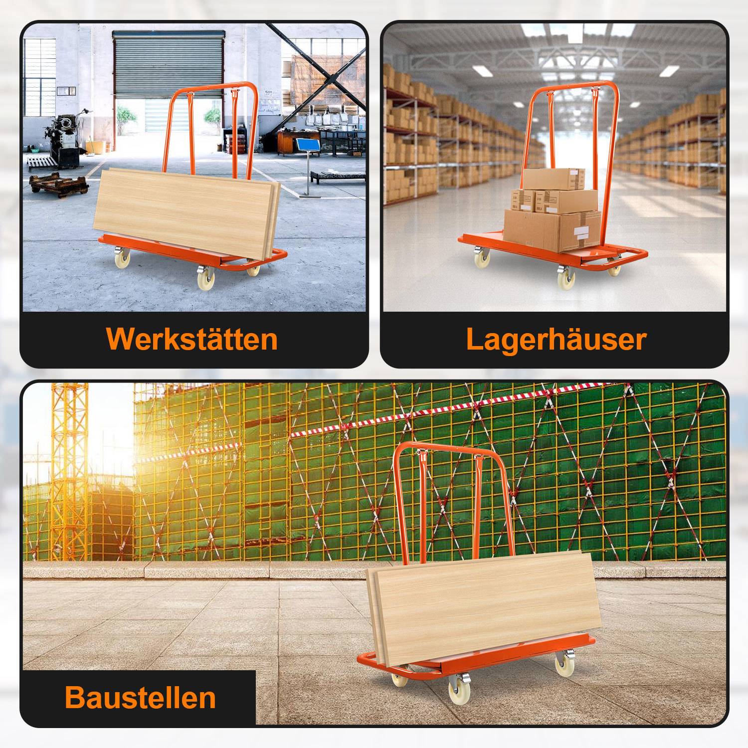 Illustration eines orangefarbenen Flachbett-Handwagens, der Holzpaneele und Kartons trägt, gezeigt für die Verwendung in Werkstätten, Lagern und auf Baustellen.