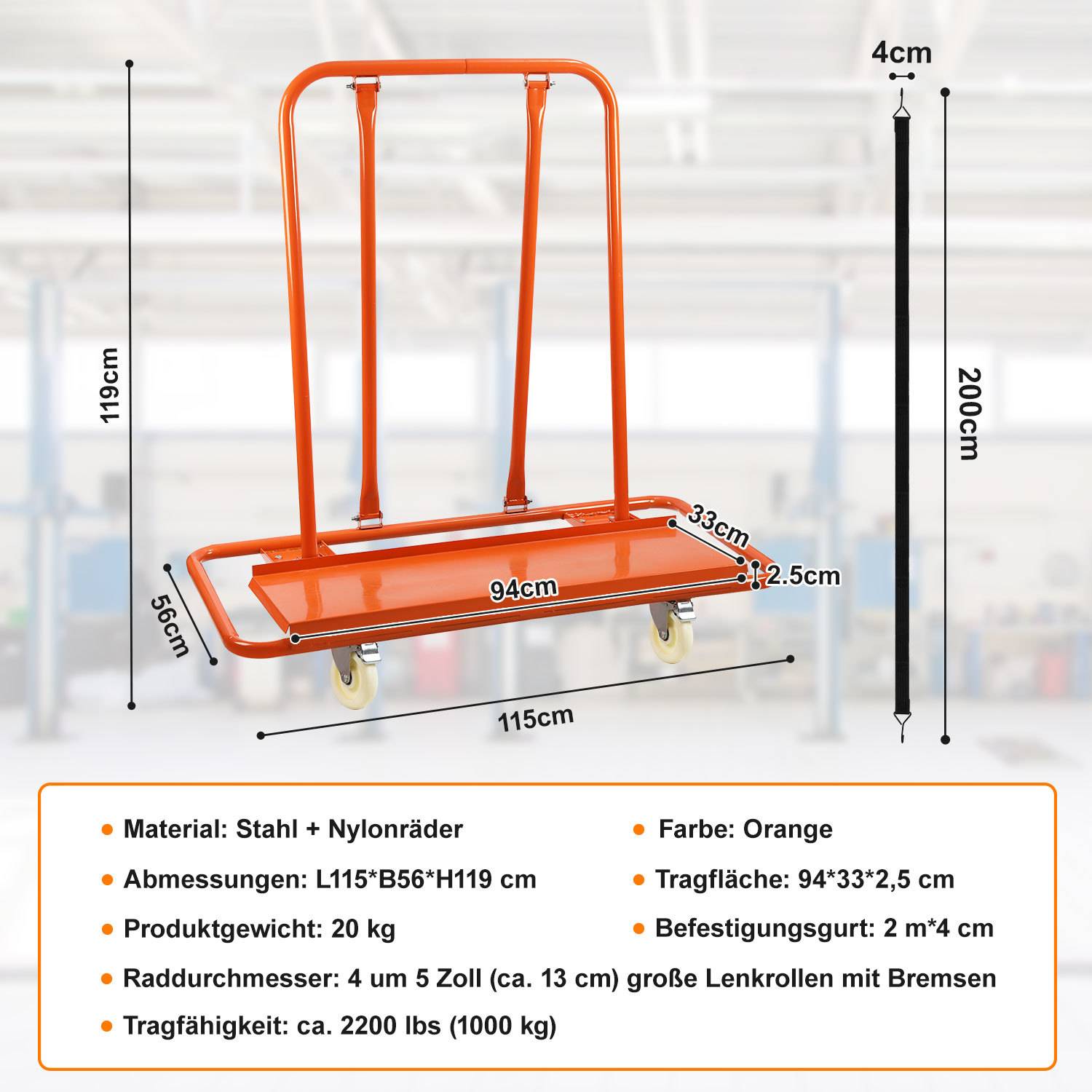 Oranger Stahl- und Nylon-Rollwagen mit Griff, 115 x 56 x 119 cm Gesamtabmessungen, 94 x 33 cm Plattform, 1000 kg Tragfähigkeit, 4 Räder mit Bremsen.