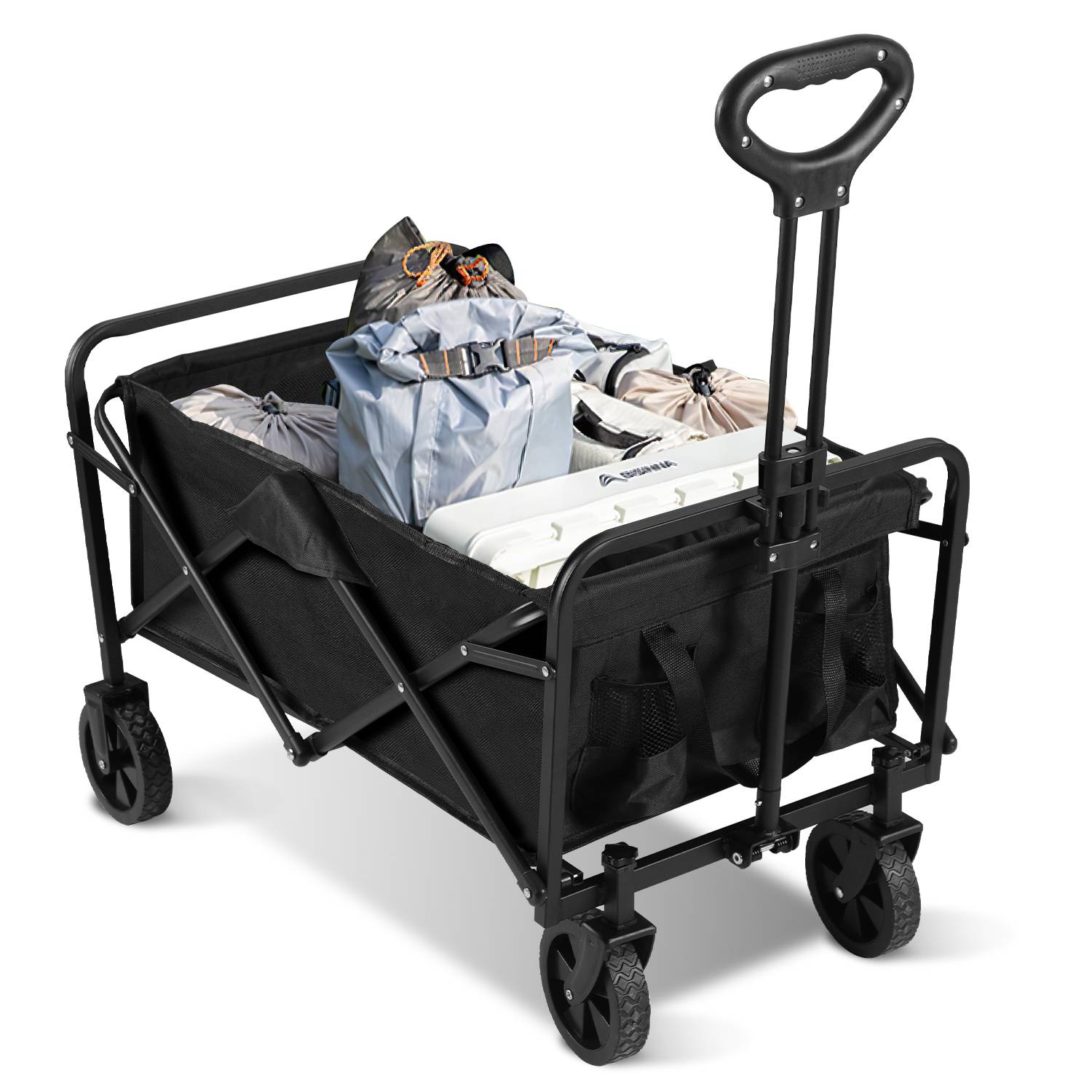 Handwagen faltbar, Bollerwagen, Ultraleicht Gartenwagen, bis 80 kg belastbar Teleskopgriff schwarz Faltbollerwagen für Einkauf, Garten