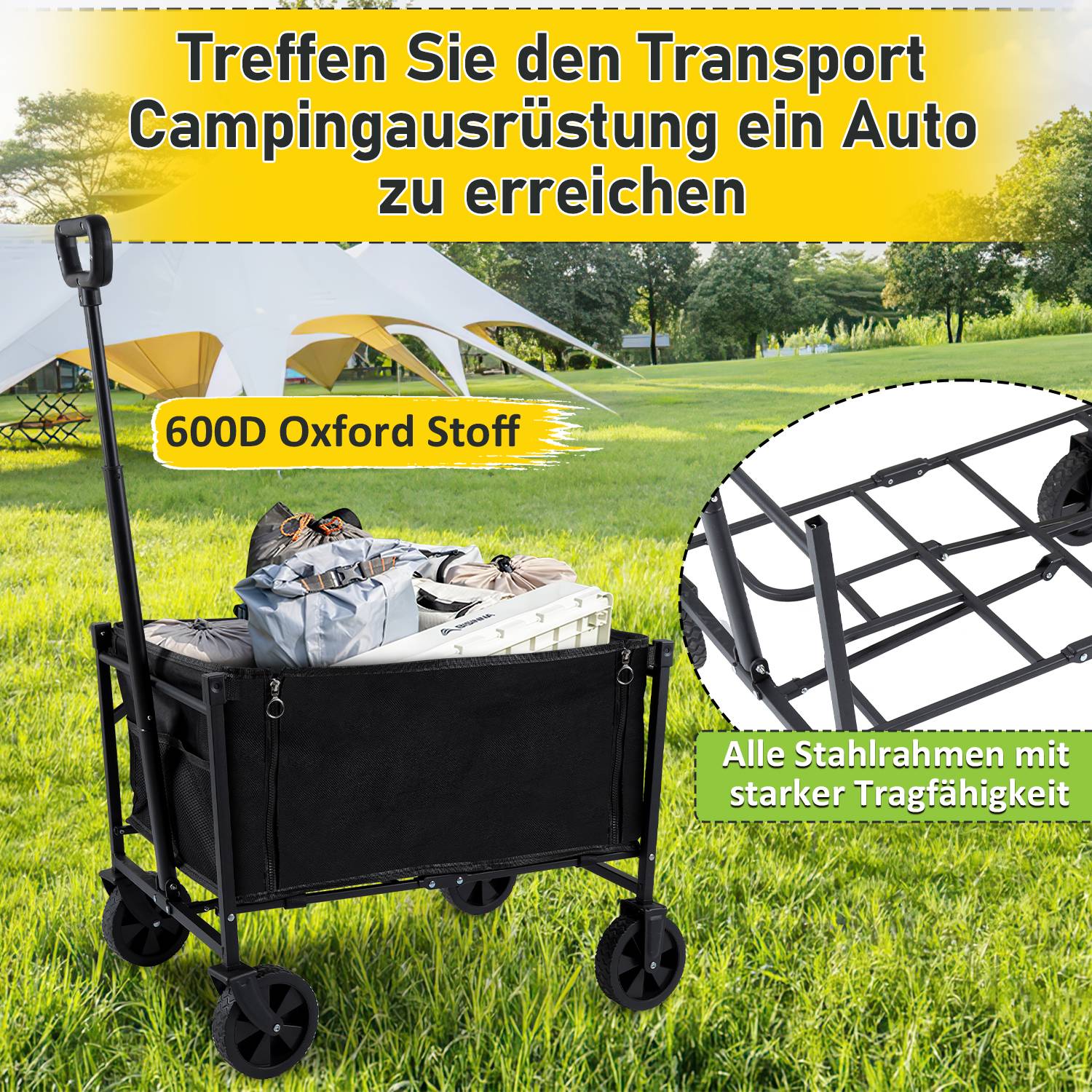 Bollerwagen Faltbar, 60L für Strand Camping Einkauf, Handwagen, Transportwagen, Gartenwagen, Faltbollerwagen, Klappbollerwagen